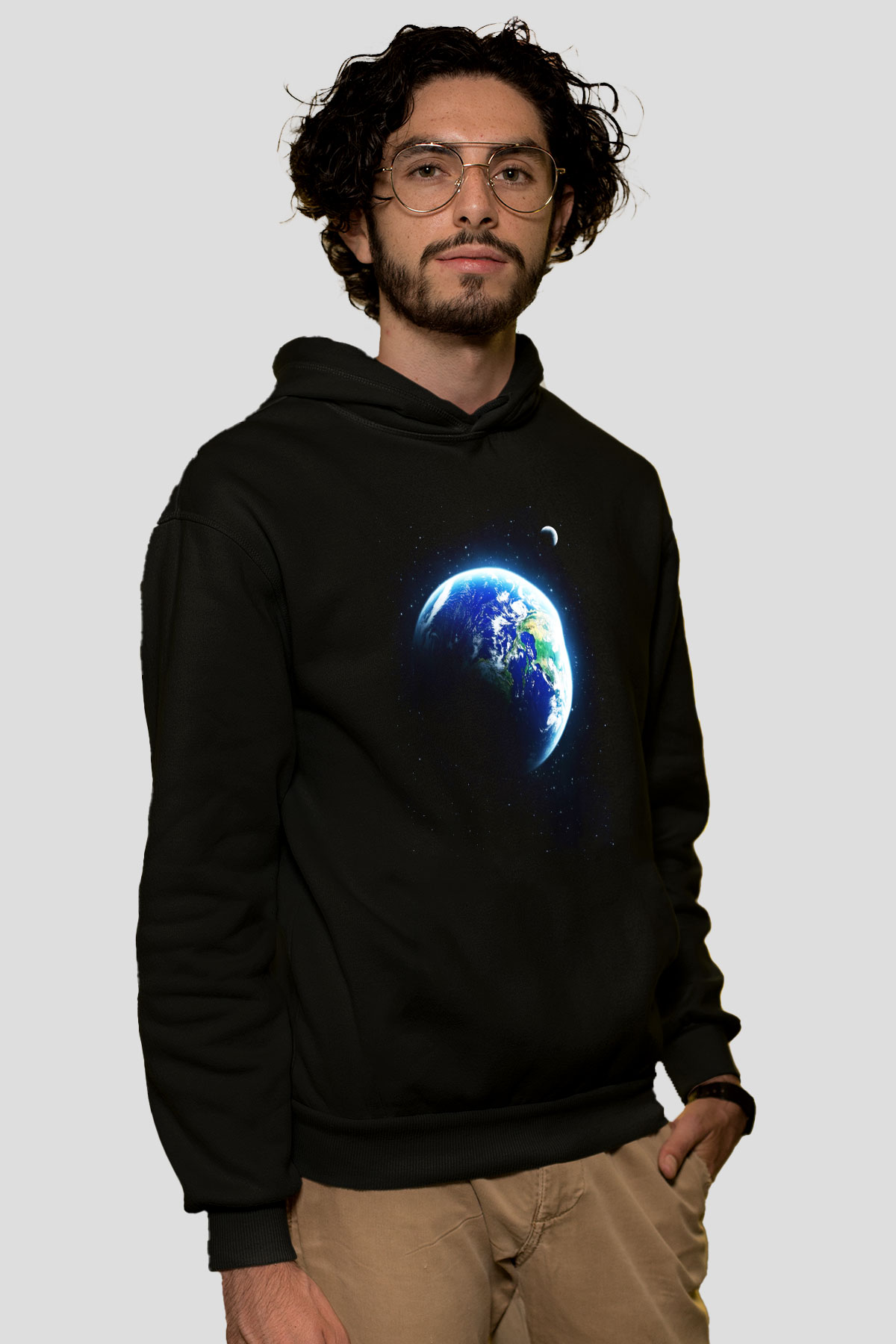 Yer yüzü Siyah Unisex Kapüşonlu Sweatshirt