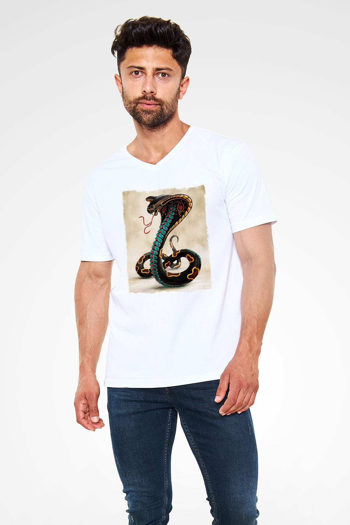 Yılan Beyaz Unisex V Yaka Tişört