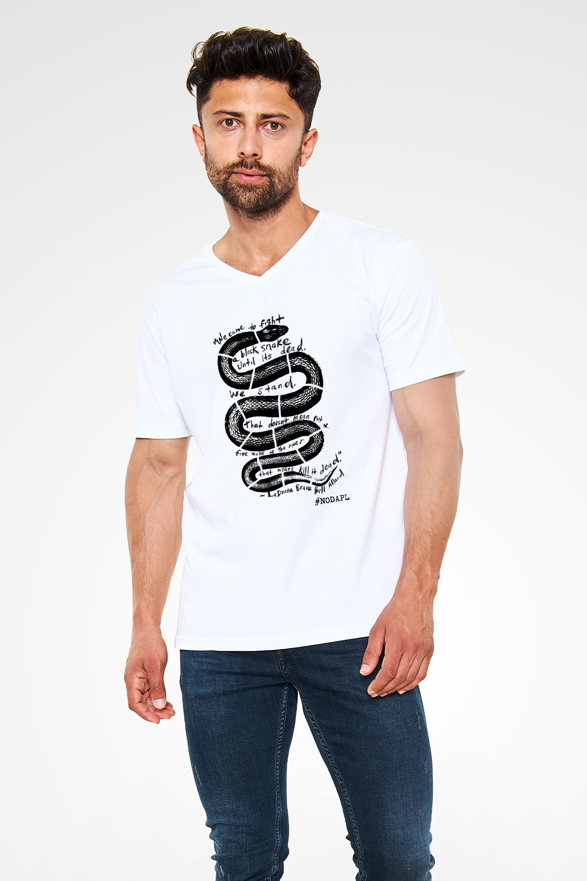Yılan Beyaz Unisex V Yaka Tişört T-Shirt