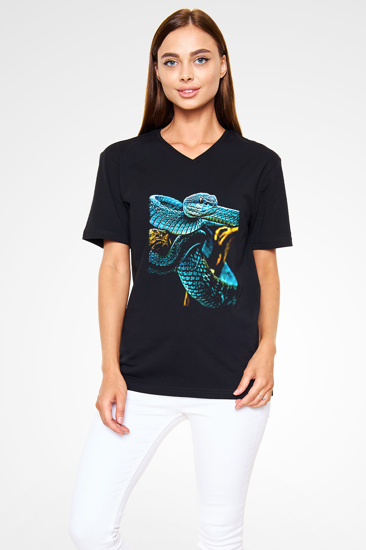 Yılan Siyah Unisex V Yaka Tişört