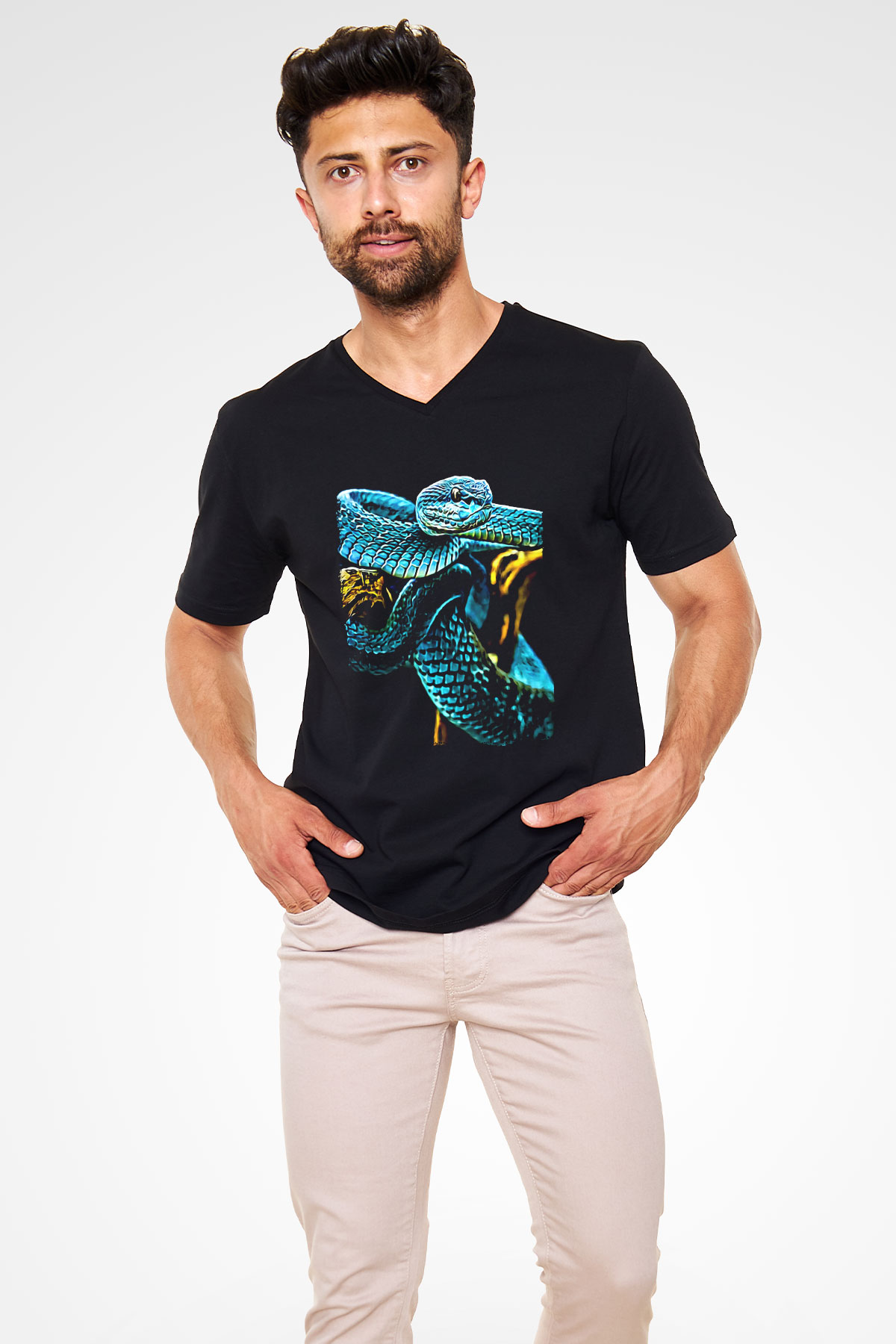 Yılan Siyah Unisex V Yaka Tişört