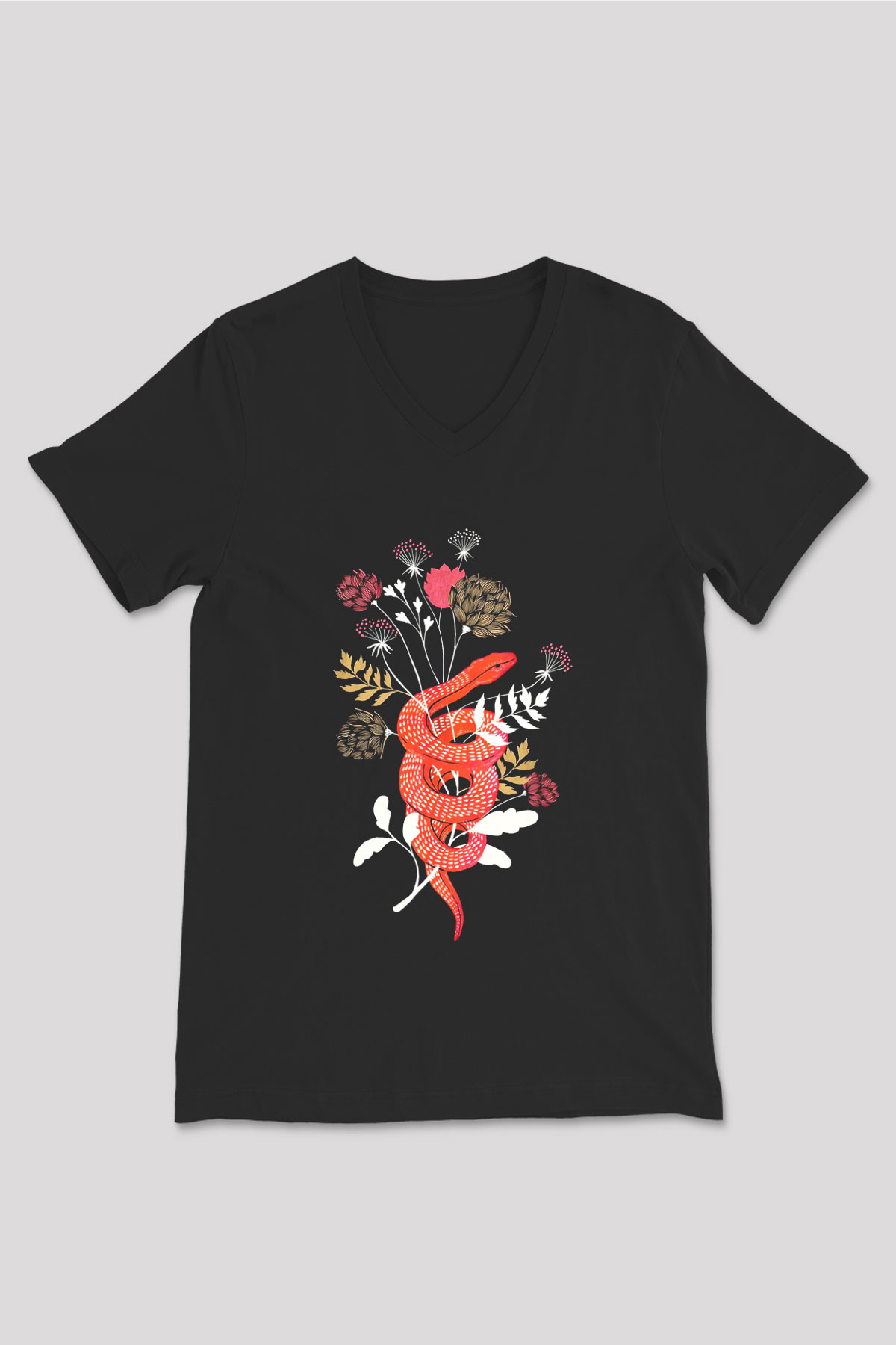 Yılan Siyah Unisex V Yaka Tişört T-Shirt