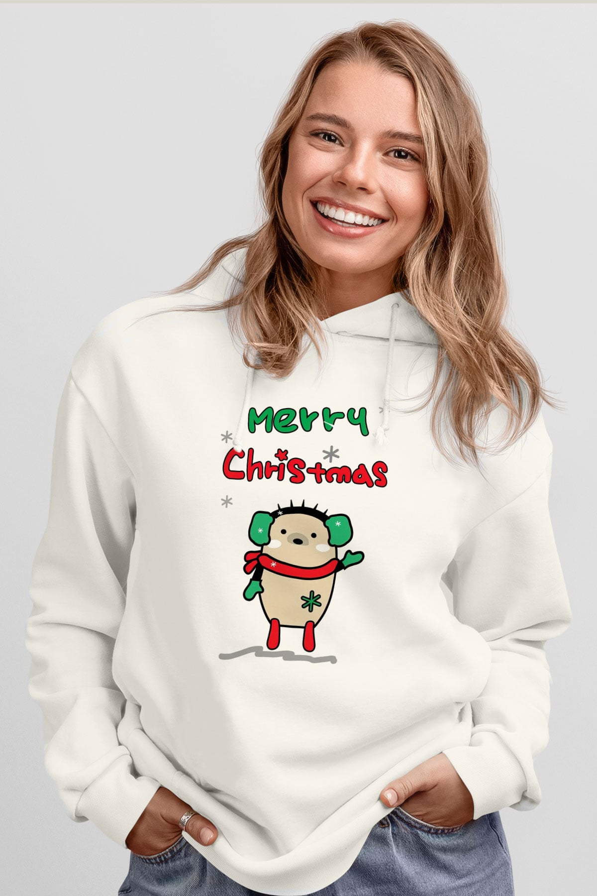 Yılbaşı Beyaz Unisex Kapüşonlu Sweatshirt