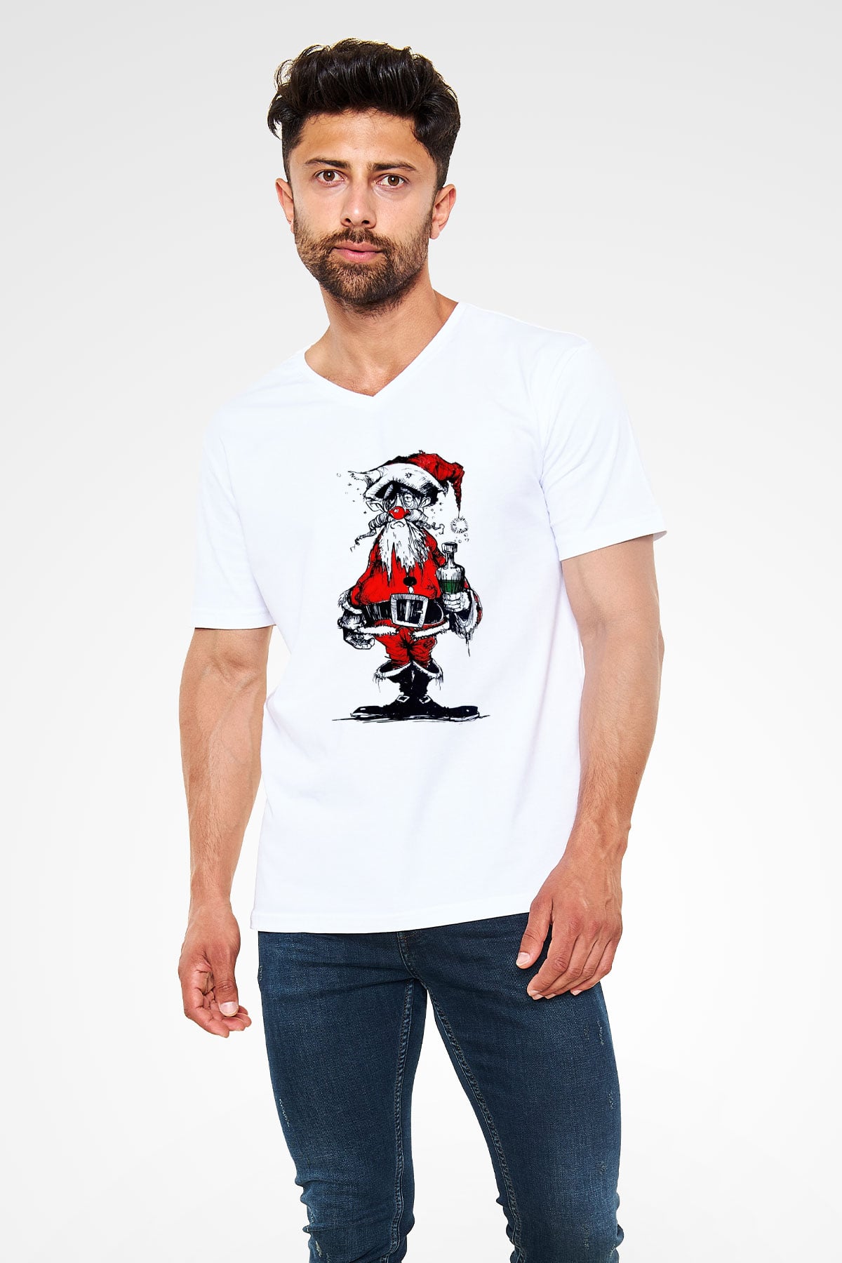 Yılbaşı Beyaz Unisex V Yaka Tişört