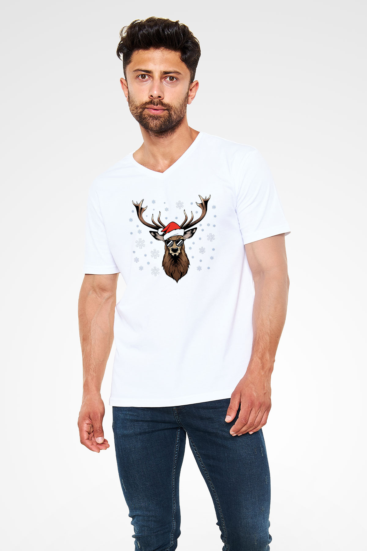 Yılbaşı Beyaz Unisex V Yaka Tişört T-Shirt