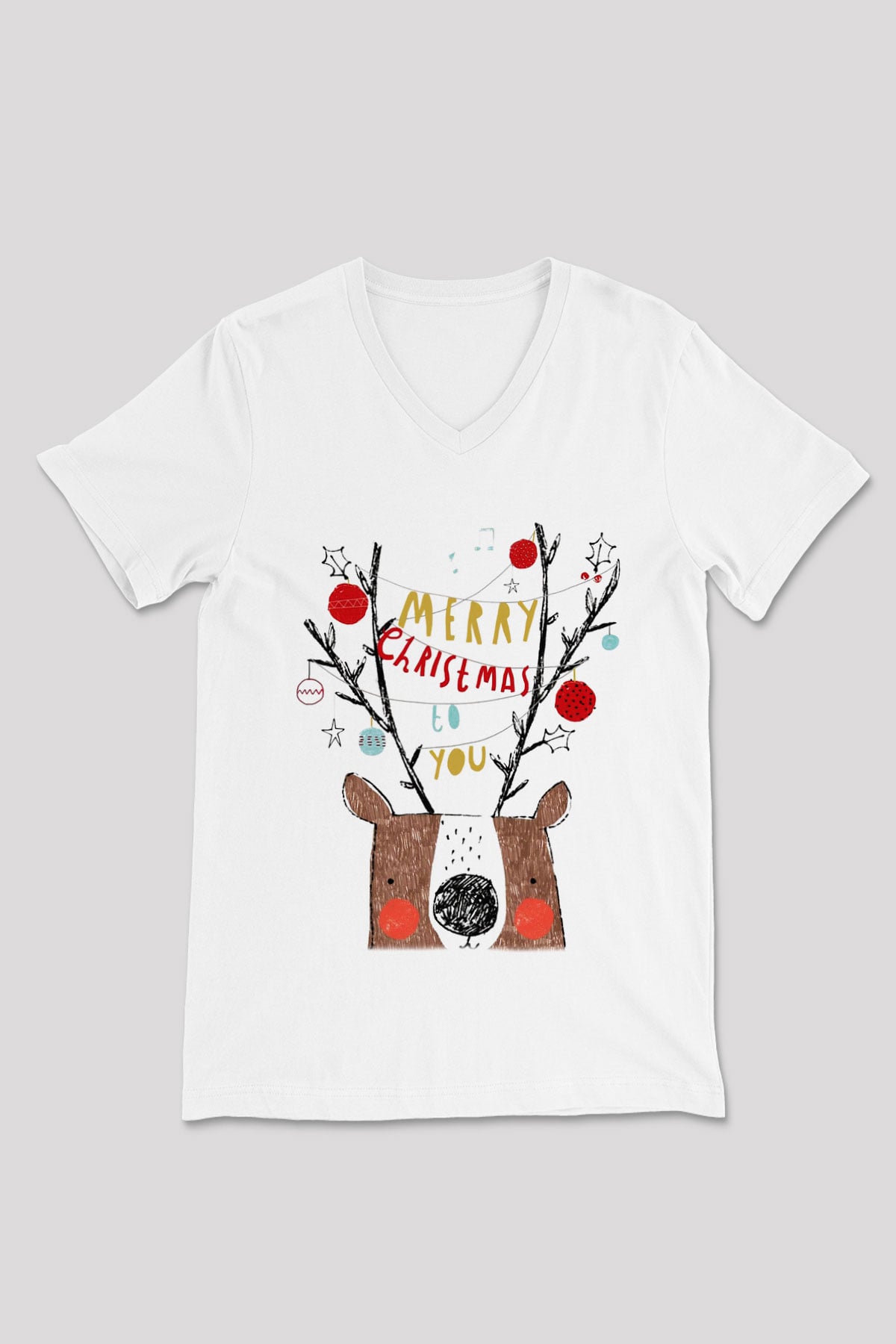 Yılbaşı Beyaz Unisex V Yaka Tişört T-Shirt