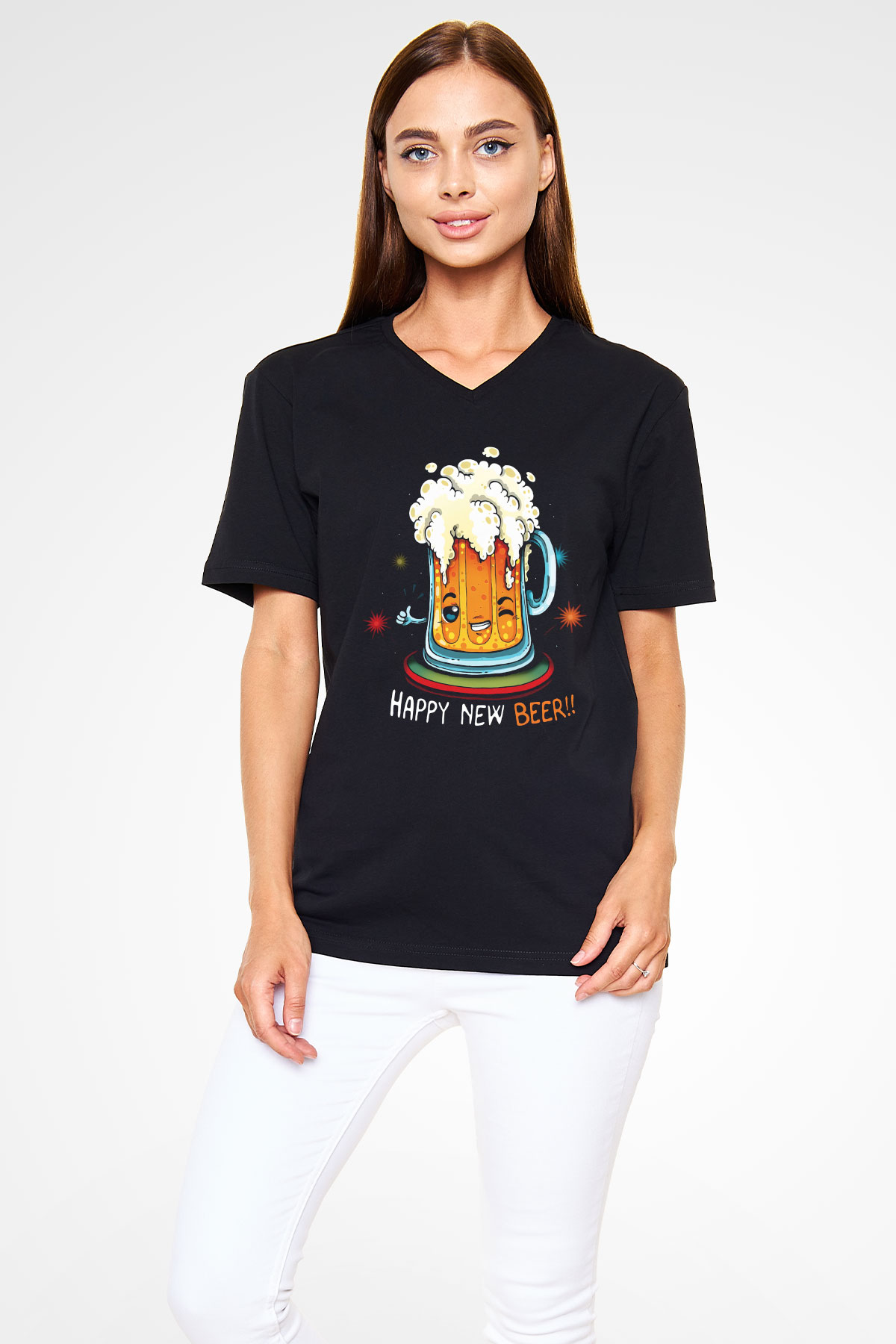 Yılbaşı Siyah Unisex V Yaka Tişört
