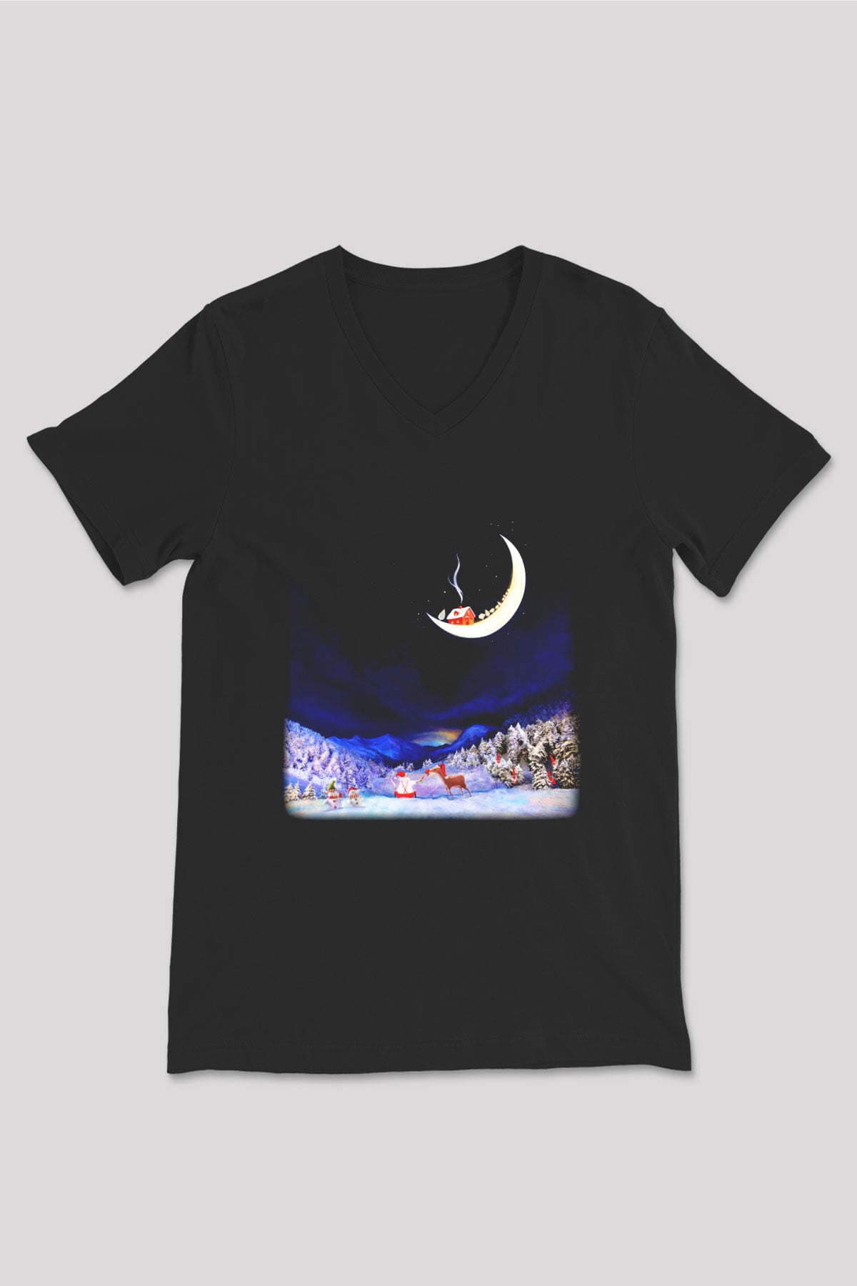 Yılbaşı Siyah Unisex V Yaka Tişört T-Shirt