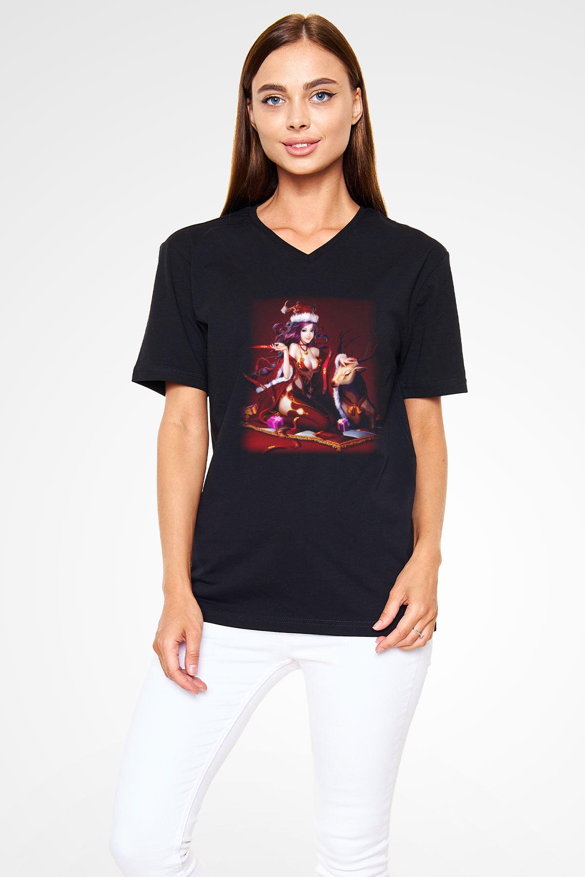 Yılbaşı Siyah Unisex V Yaka Tişört T-Shirt