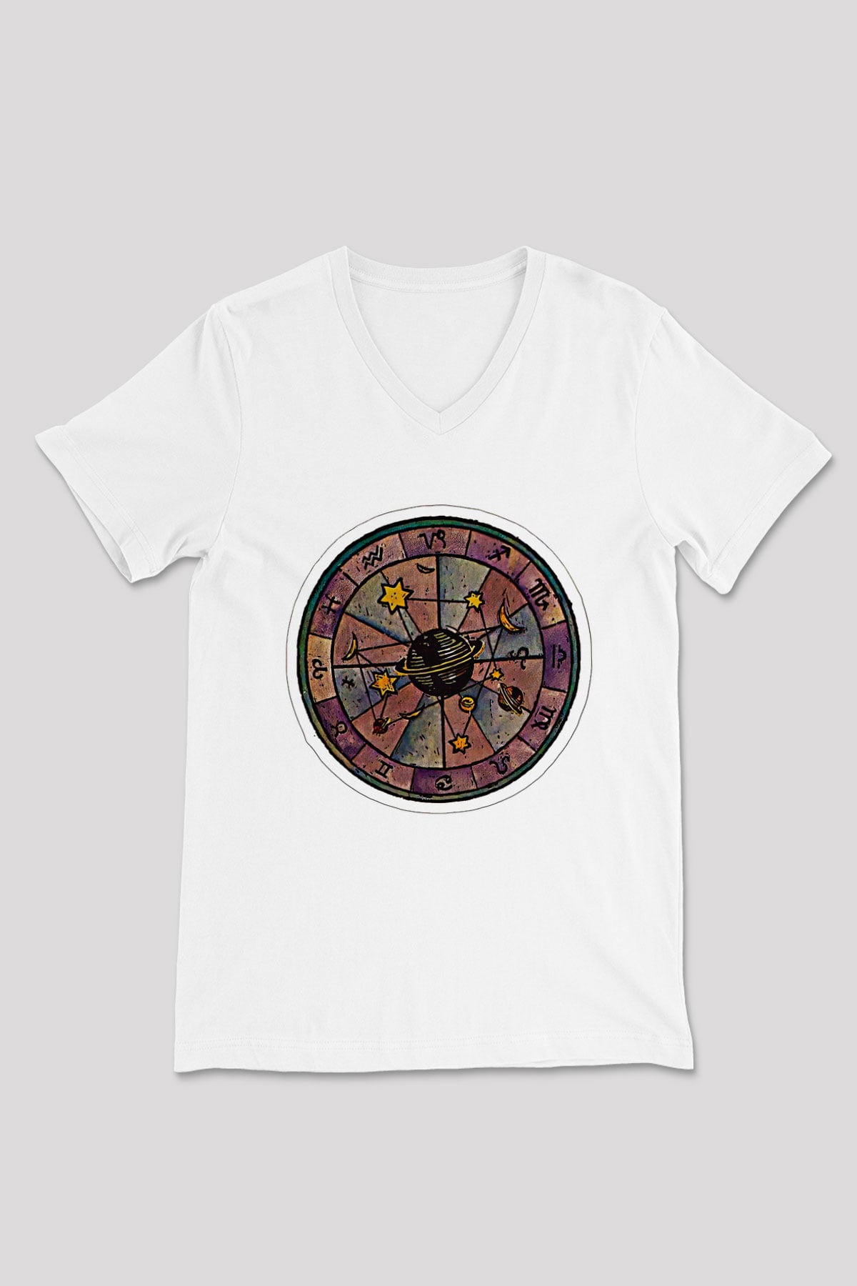 Yıldız Haritaları Baskılı Beyaz Unisex V Yaka Tişört - Tshirt