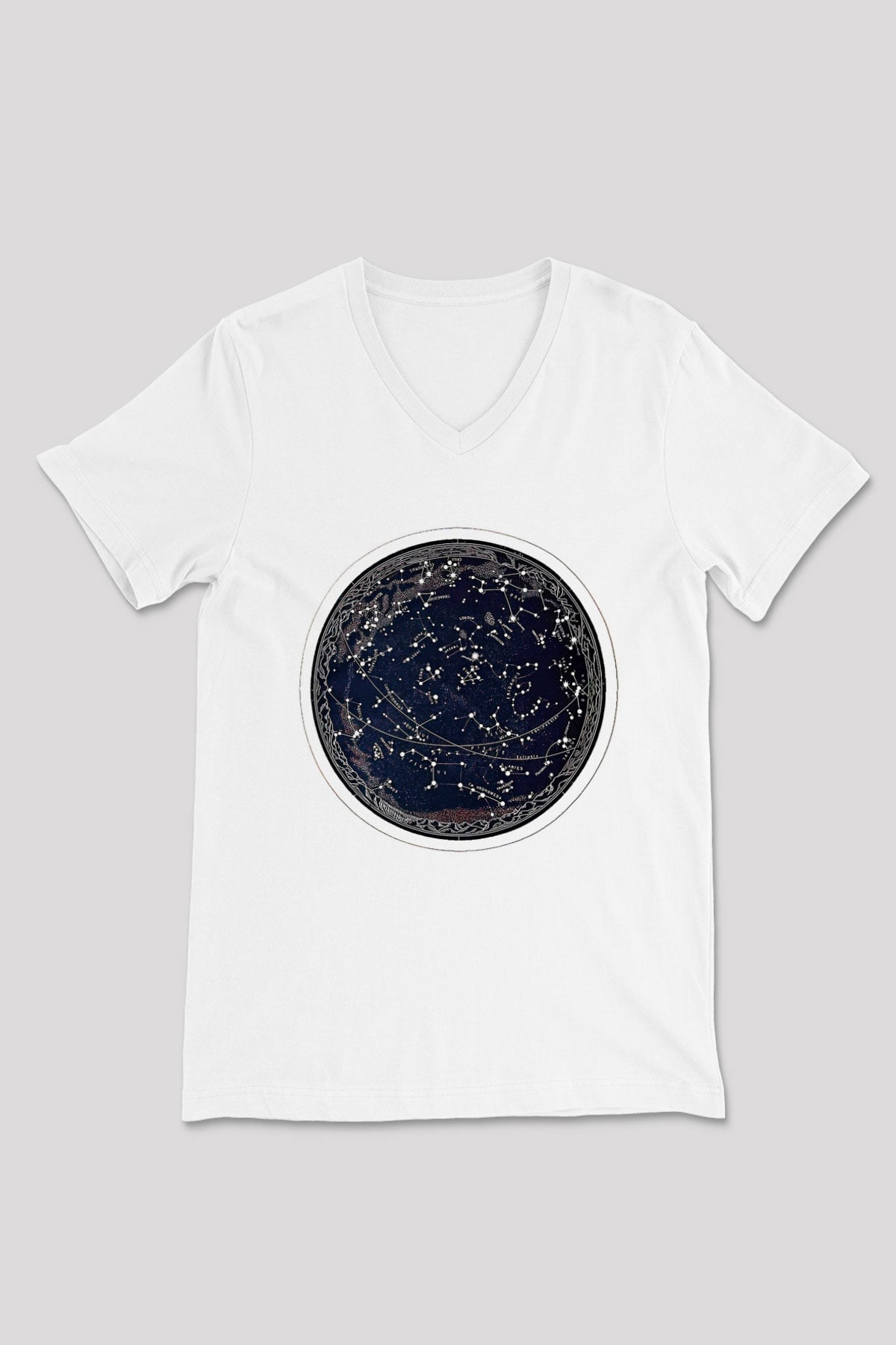 Yıldız Haritaları Baskılı Beyaz Unisex V Yaka Tişört - Tshirt