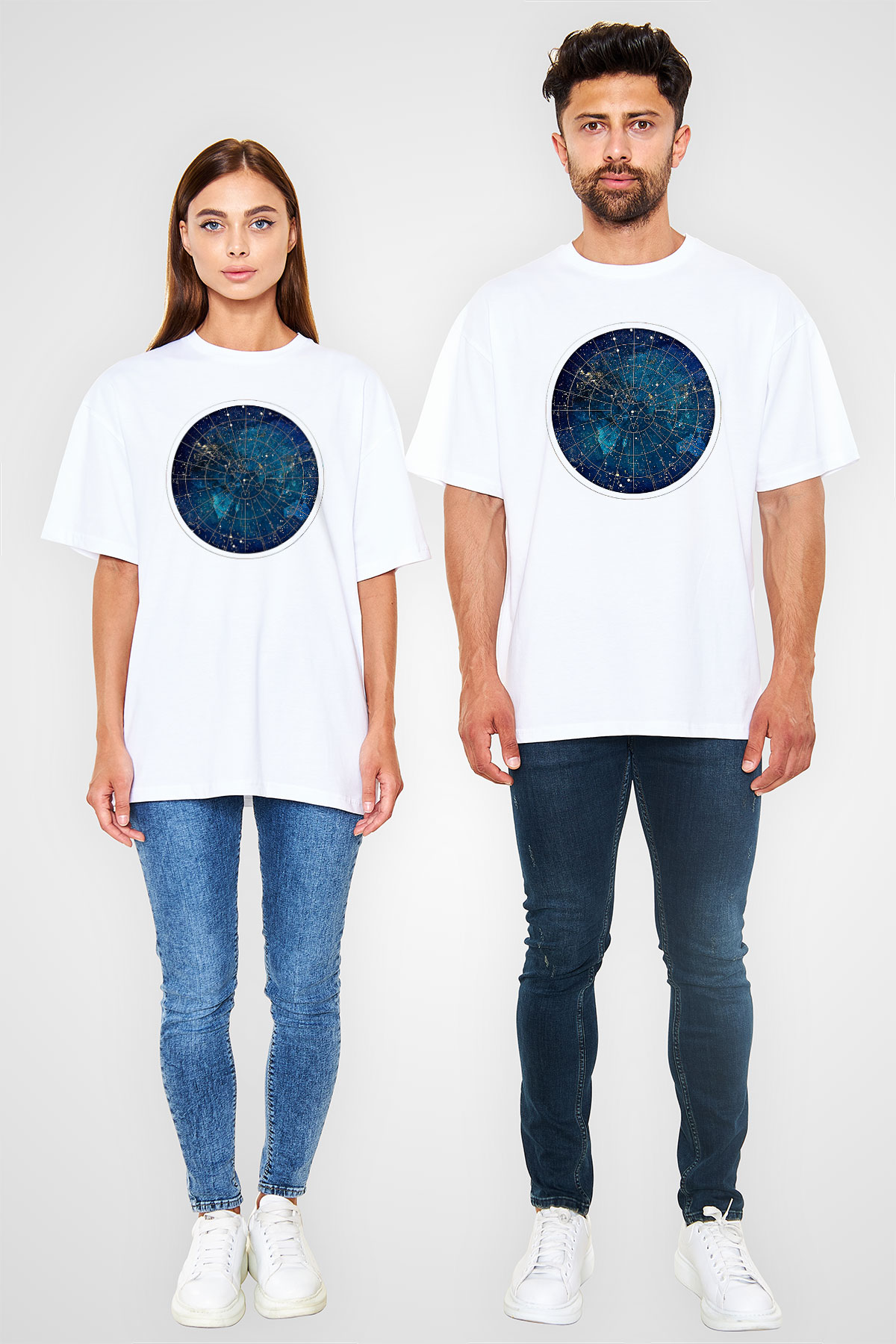 Yıldız Haritaları Baskılı Beyaz Unisex Oversize Tişört - Tshirt