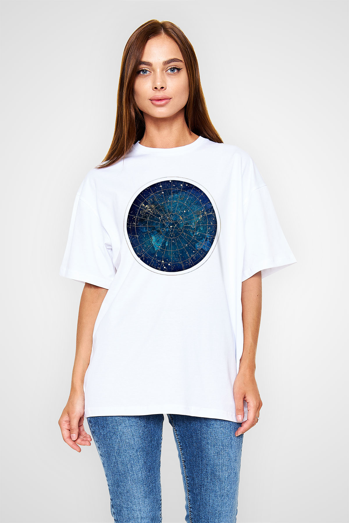 Yıldız Haritaları Baskılı Beyaz Unisex Oversize Tişört - Tshirt