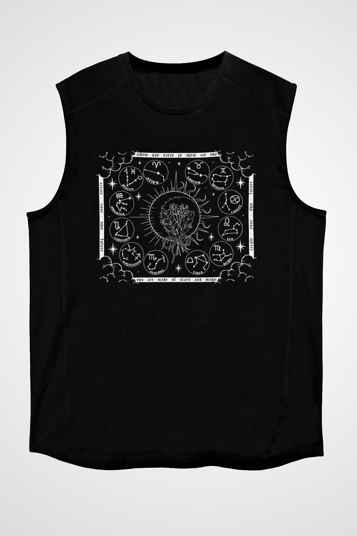 Yıldız Haritaları Baskılı Unisex Siyah Kolsuz Tişört - Tshirt