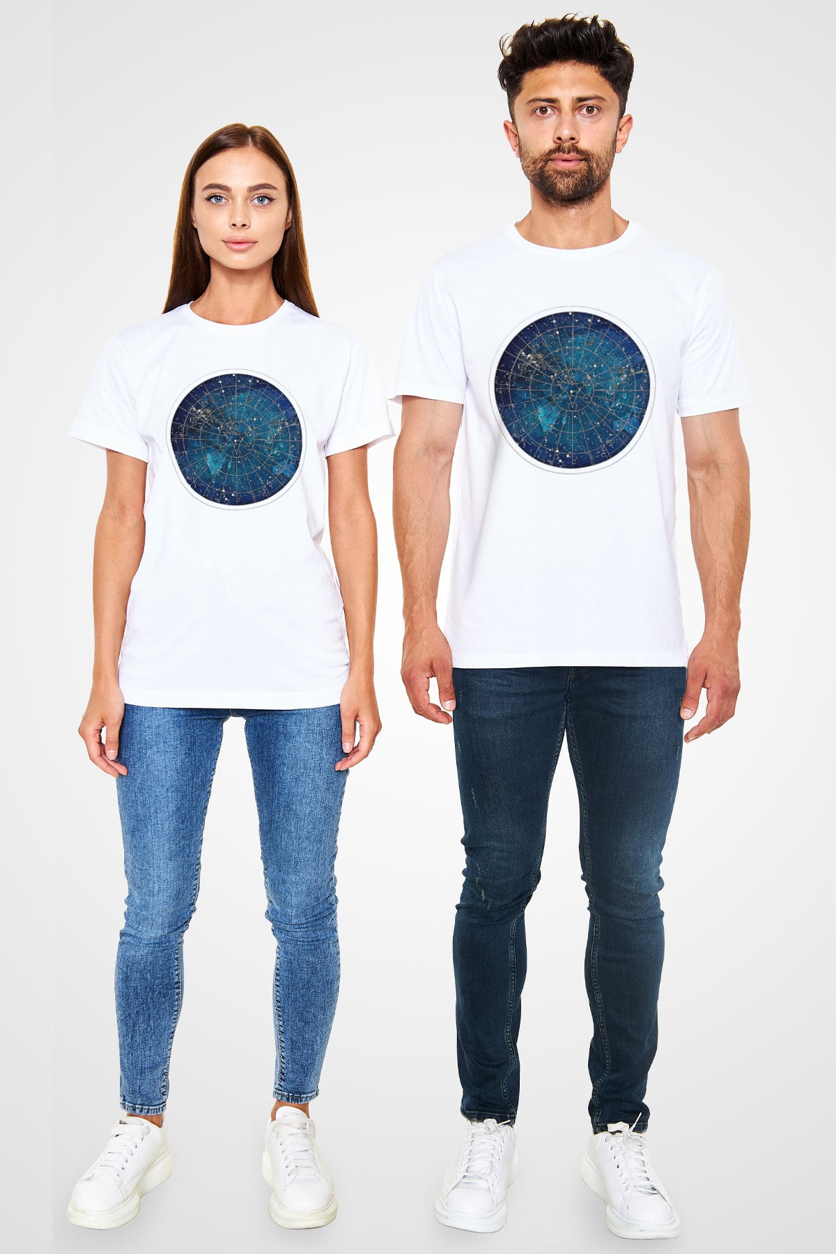 Yıldız Haritaları Unisex Baskılı Beyaz Tişört - Tshirt
