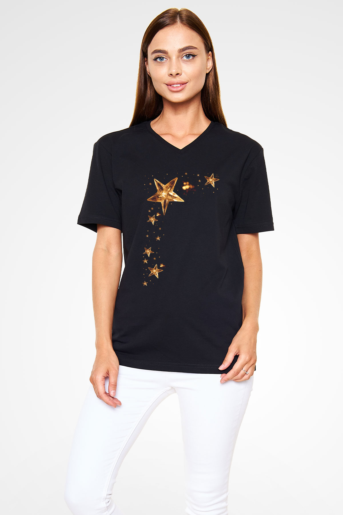 Yıldız Siyah Unisex V Yaka Tişört T-Shirt
