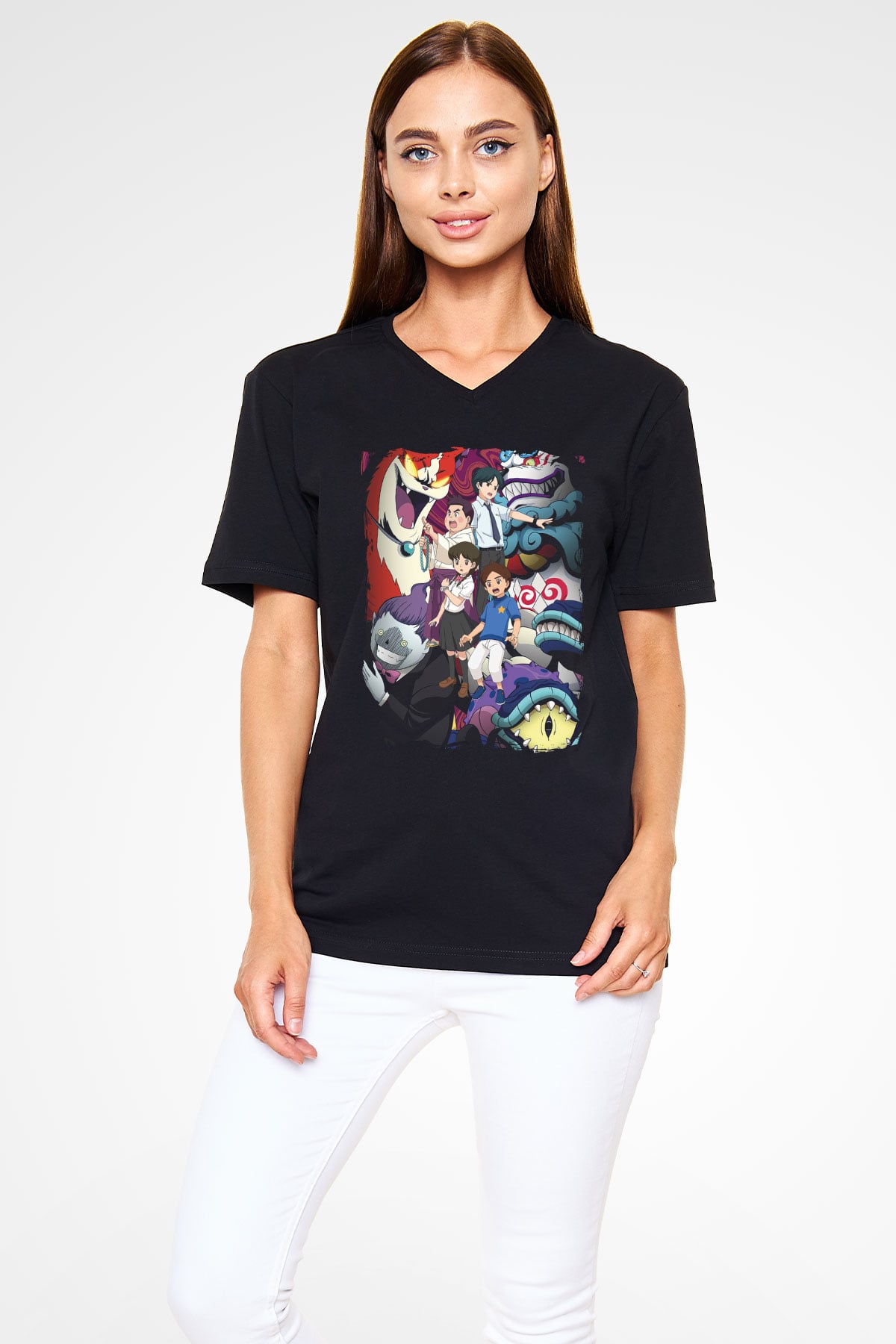 Yo-kai Watch Siyah Unisex V Yaka Tişört