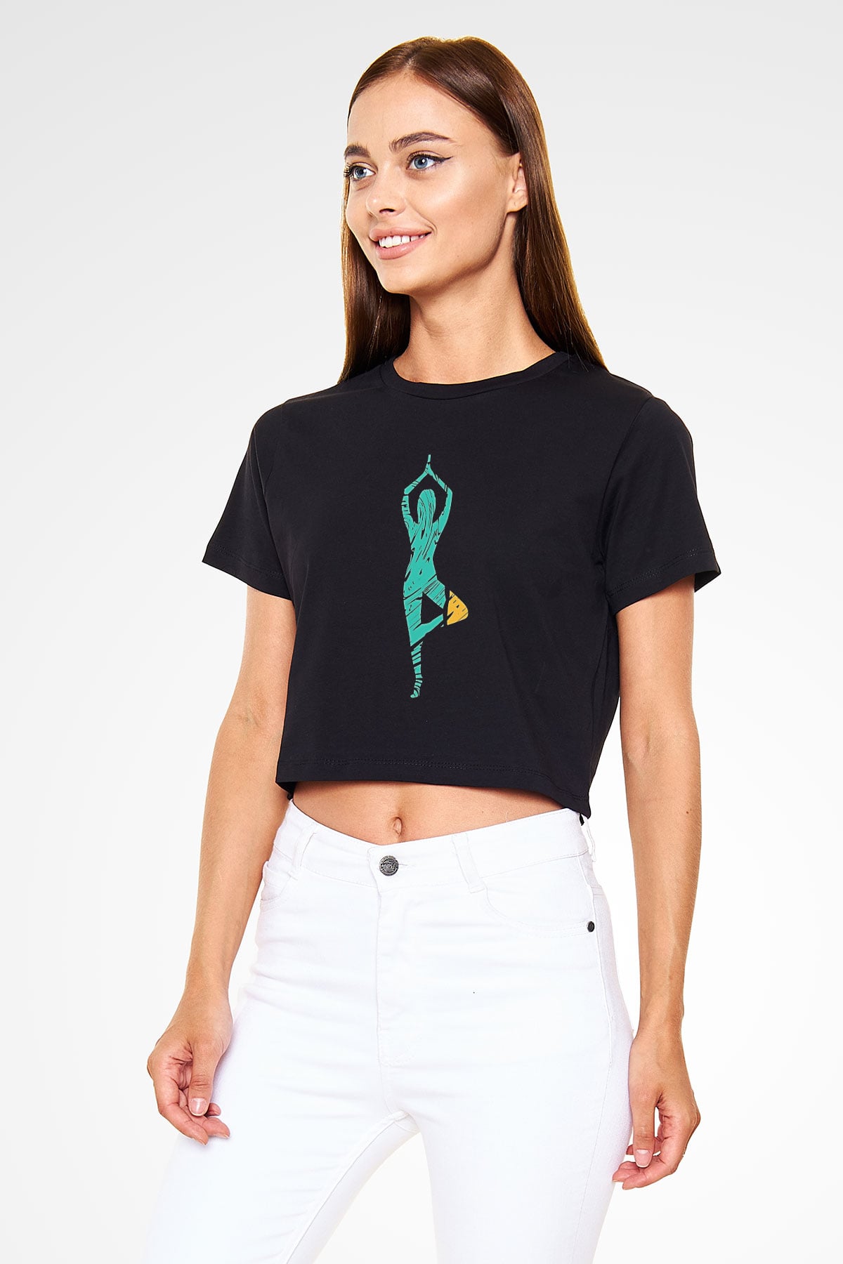 Yoga Baskılı Crop Top Siyah Kadın Tişört - Tshirt