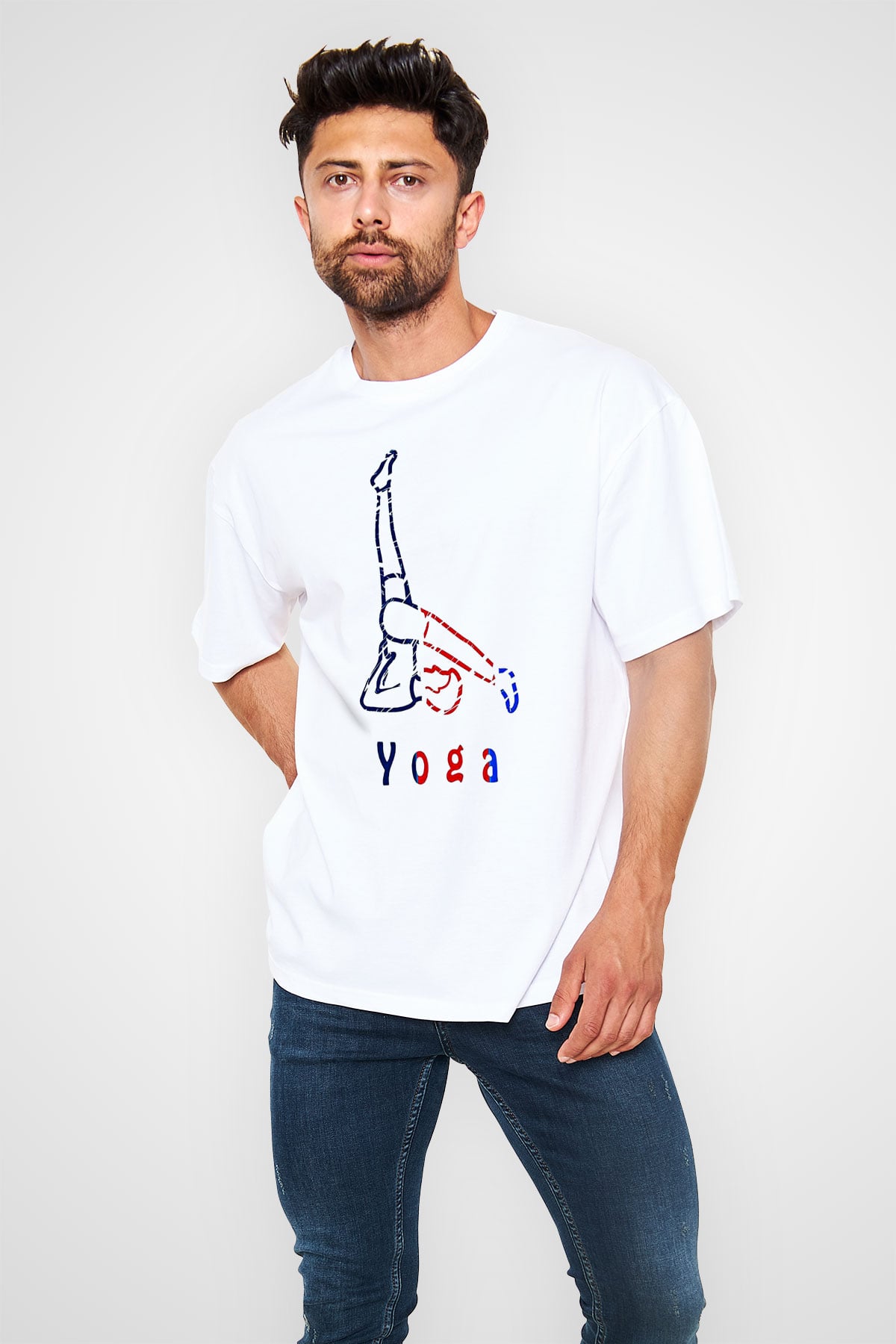 Yoga Baskılı Unisex Beyaz Oversize Tişört - Tshirt