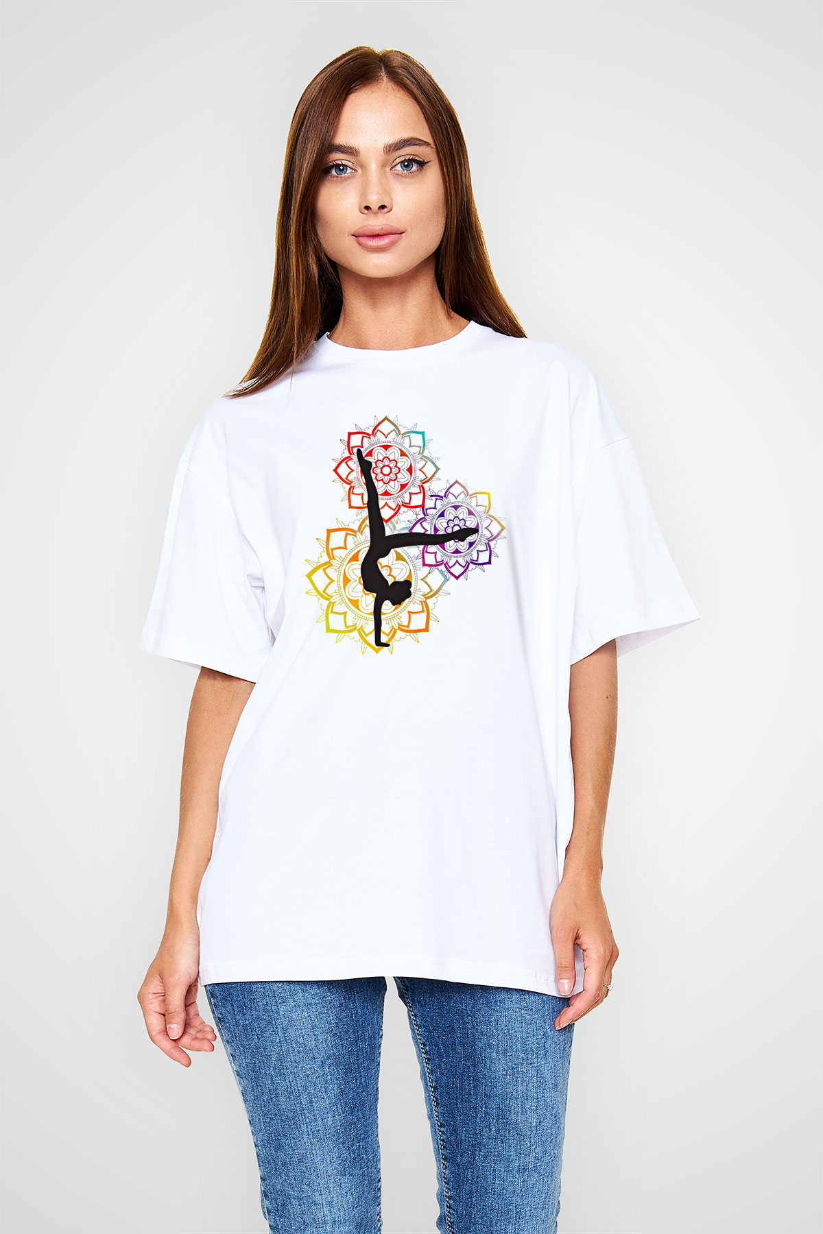 Yoga Baskılı Unisex Beyaz Oversize Tişört - Tshirt