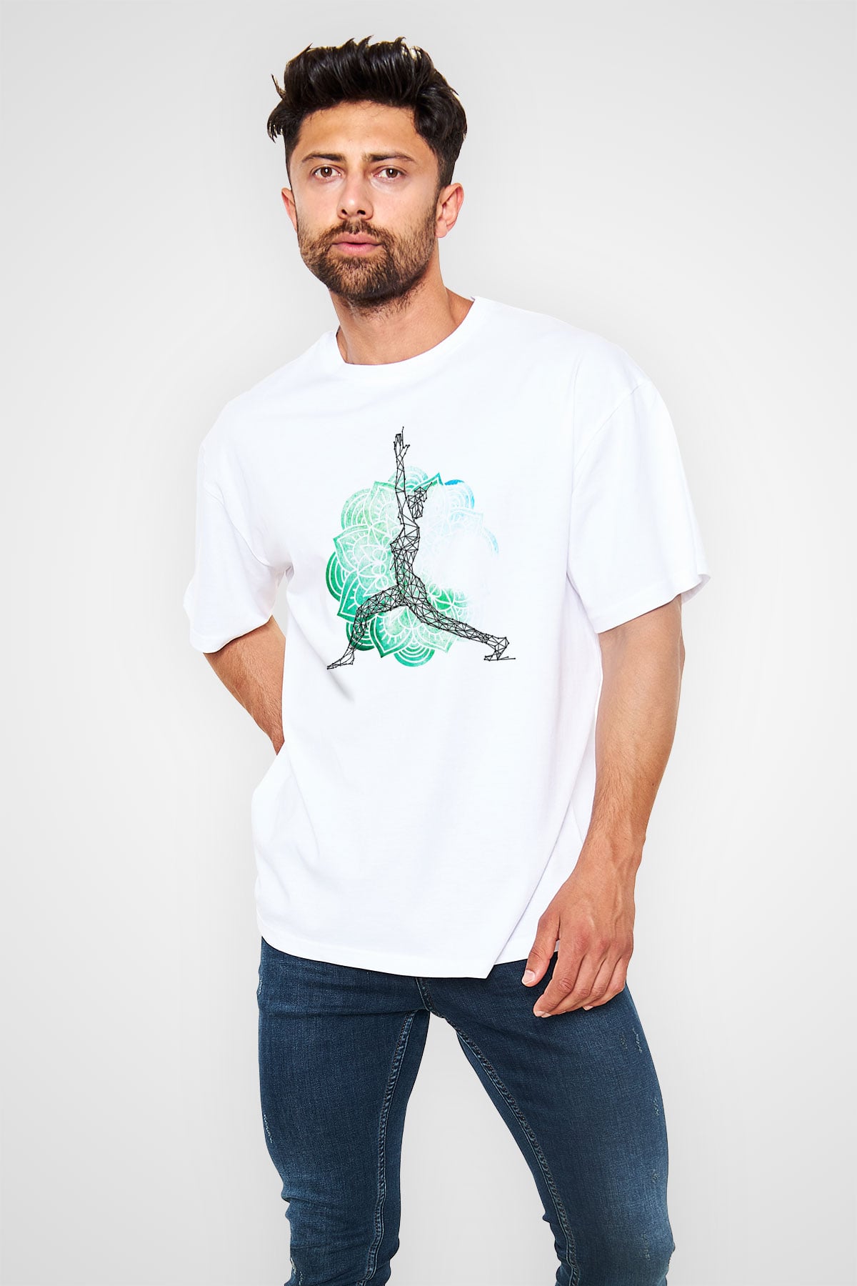 Yoga Baskılı Unisex Beyaz Oversize Tişört - Tshirt