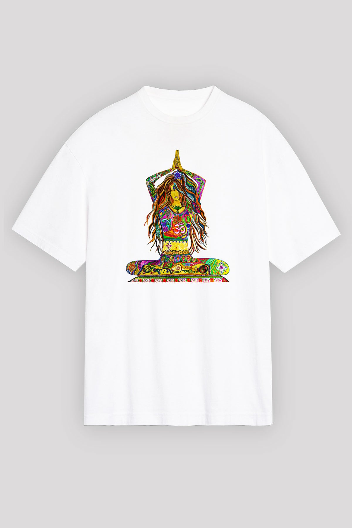 Yoga Baskılı Unisex Beyaz Oversize Tişört - Tshirt