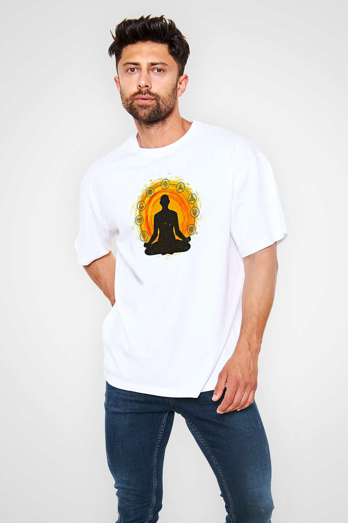 Yoga Baskılı Unisex Beyaz Oversize Tişört - Tshirt