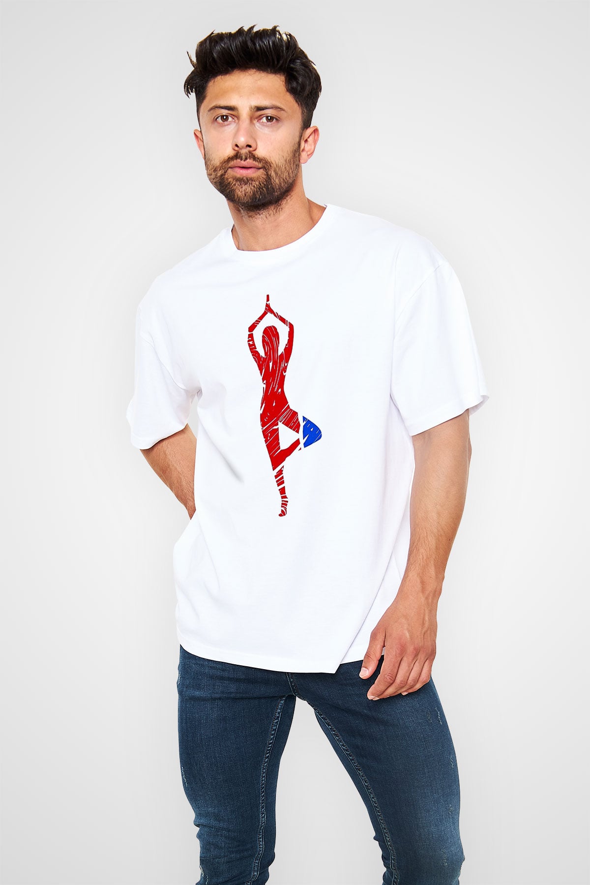 Yoga Baskılı Unisex Beyaz Oversize Tişört - Tshirt