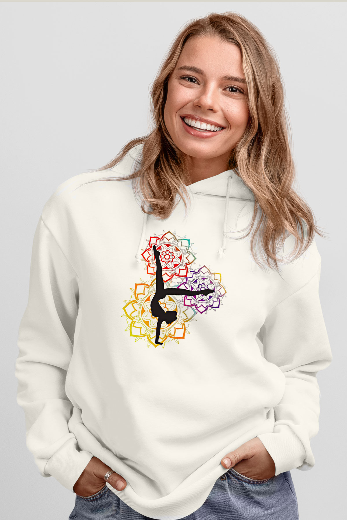 Yoga Baskılı Unisex Ekru Hoodie
