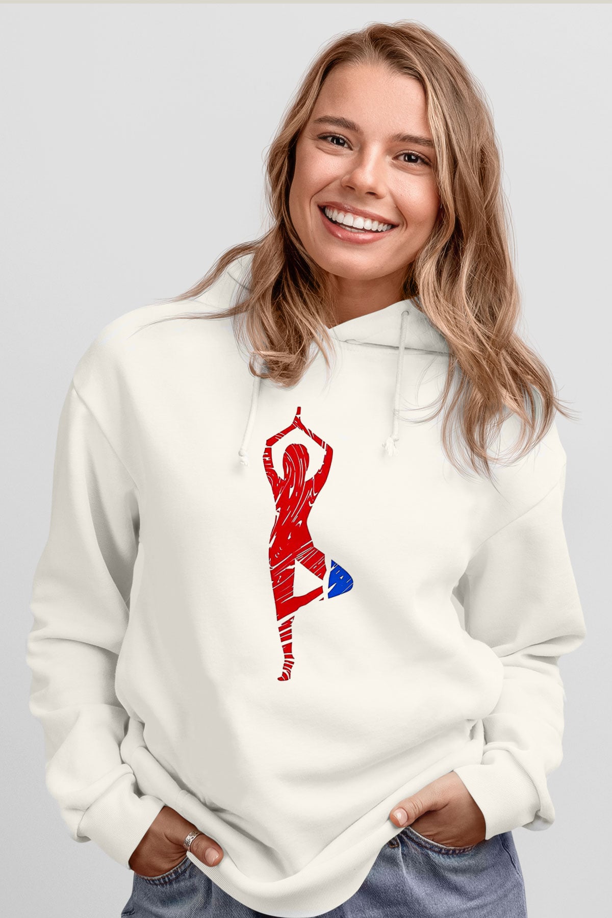 Yoga Baskılı Unisex Ekru Hoodie