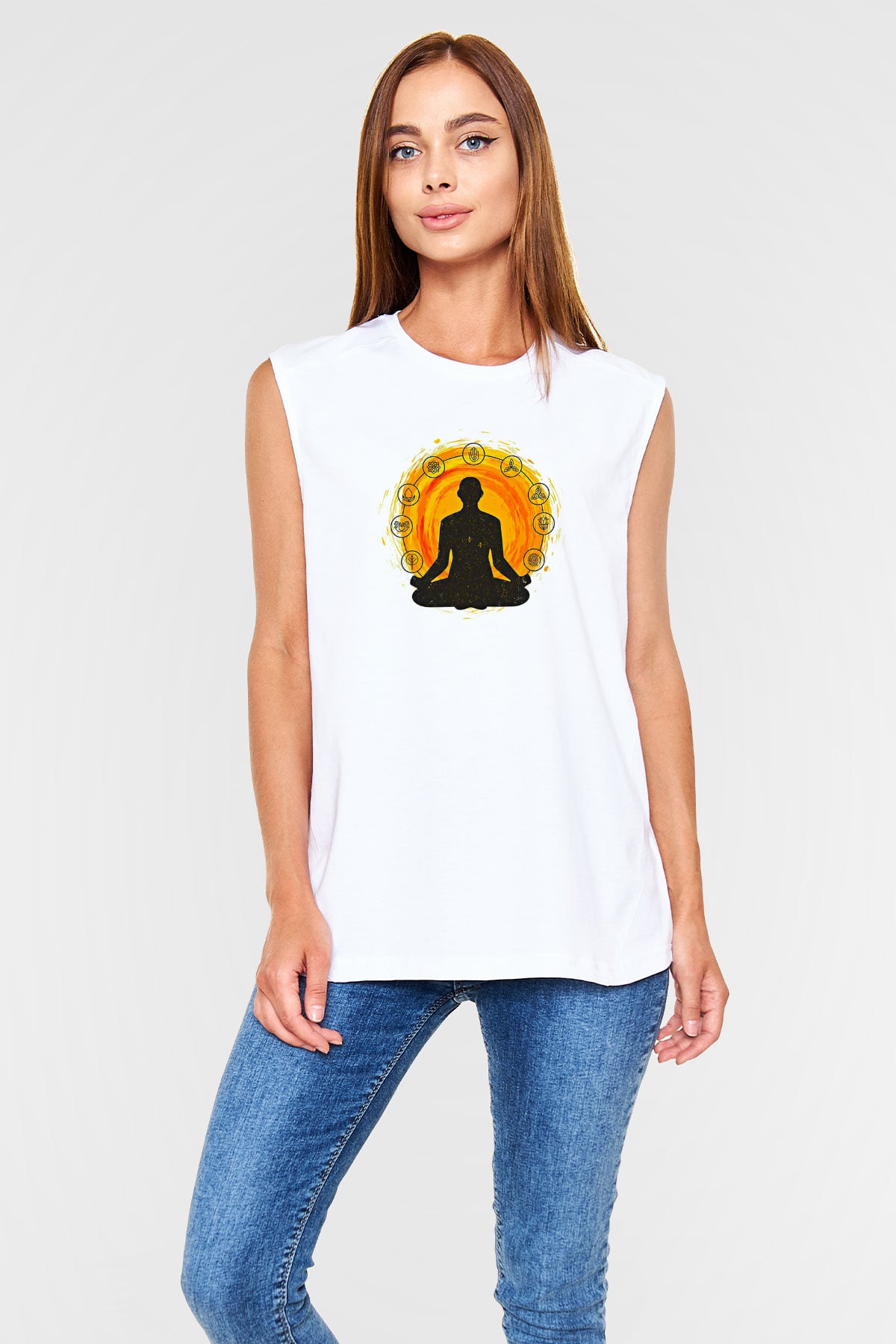 Yoga Baskılı Unisex Kolsuz Beyaz Tişört
