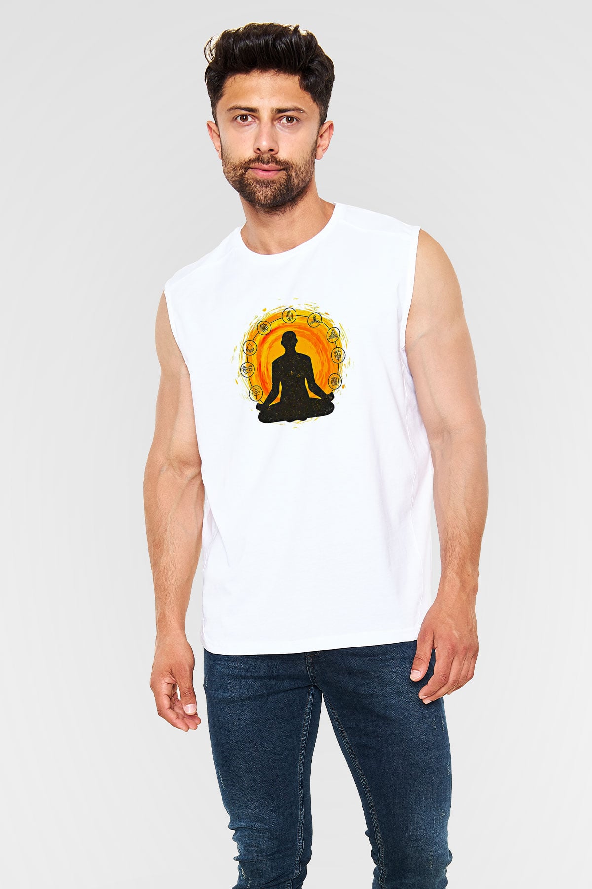 Yoga Baskılı Unisex Kolsuz Beyaz Tişört