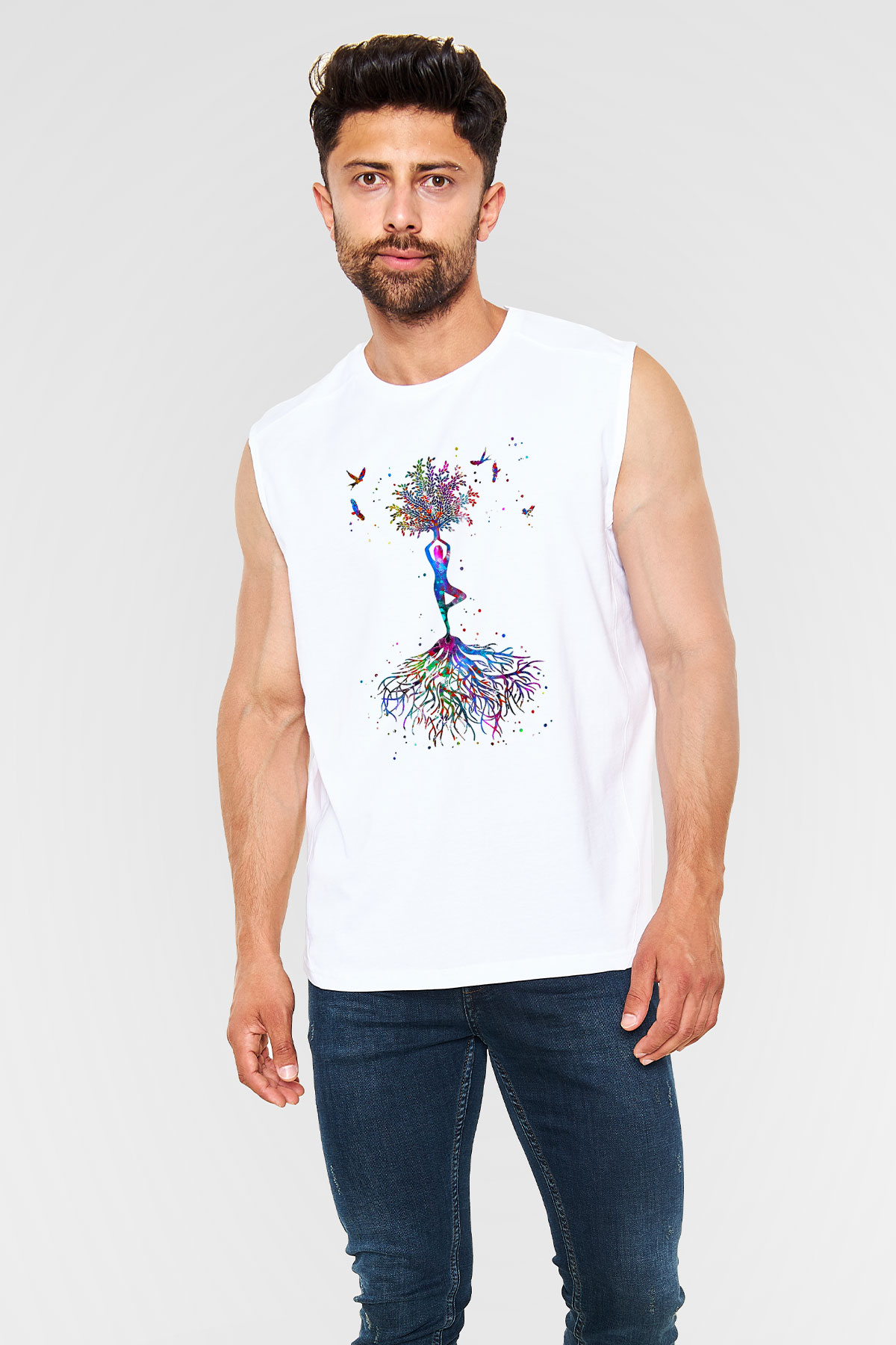 Yoga Baskılı Unisex Kolsuz Beyaz Tişört