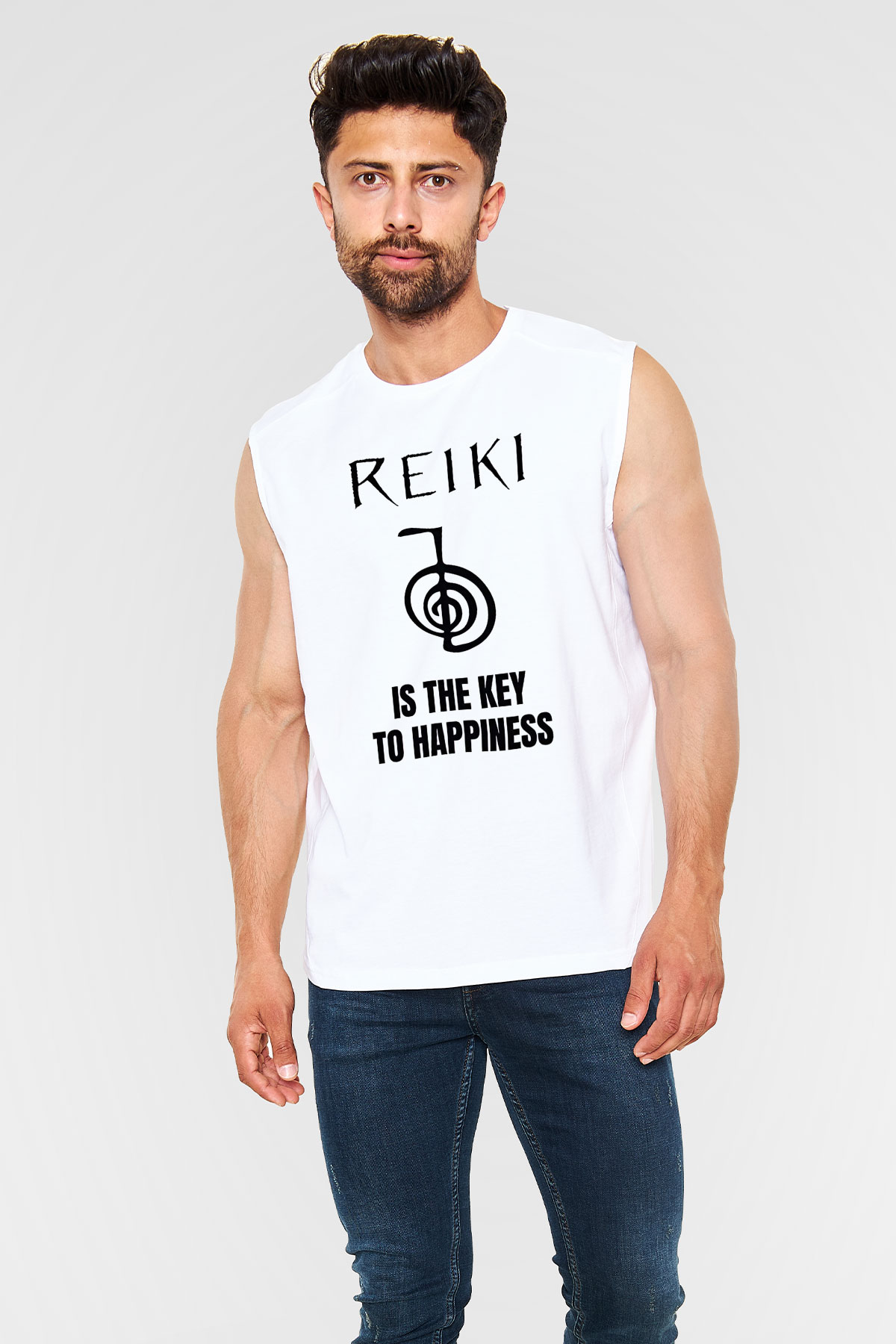 Yoga Baskılı Unisex Kolsuz Beyaz Tişört