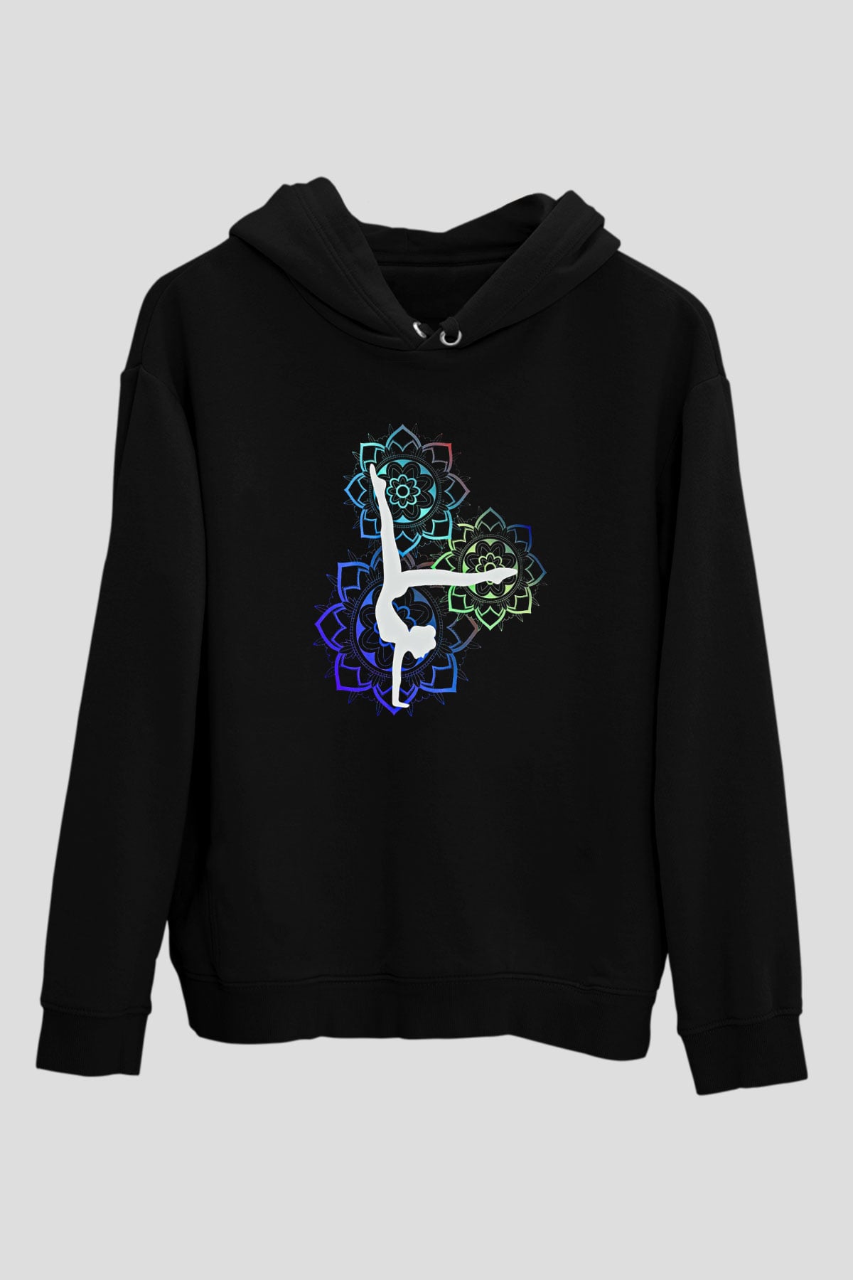 Yoga Baskılı Unisex Siyah Kapüşonlu Sweatshirt