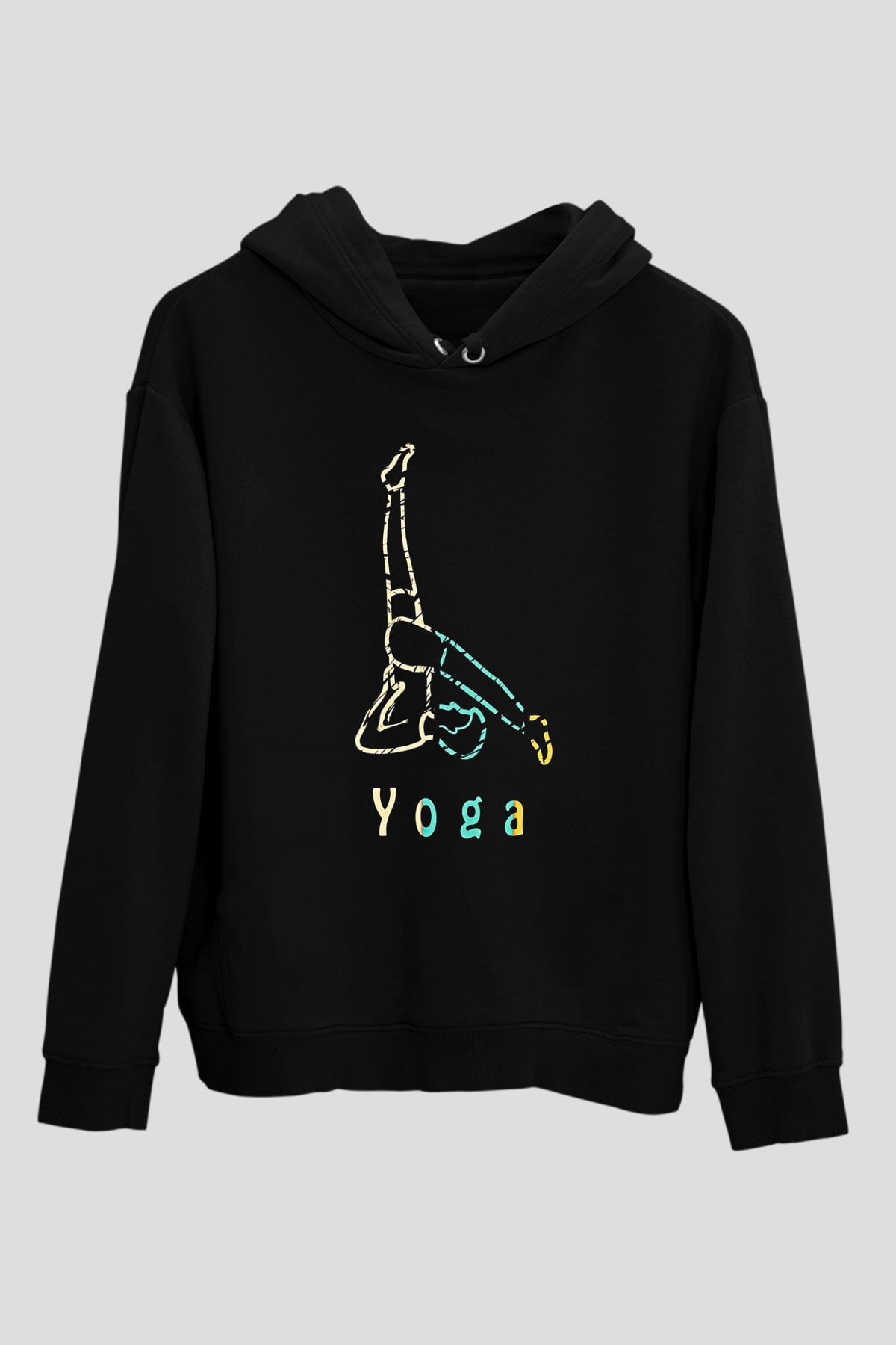 Yoga Baskılı Unisex Siyah Kapüşonlu Sweatshirt
