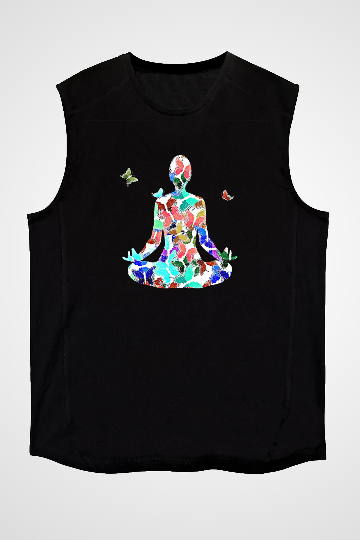 Yoga Baskılı Unisex Siyah Kolsuz Tişört
