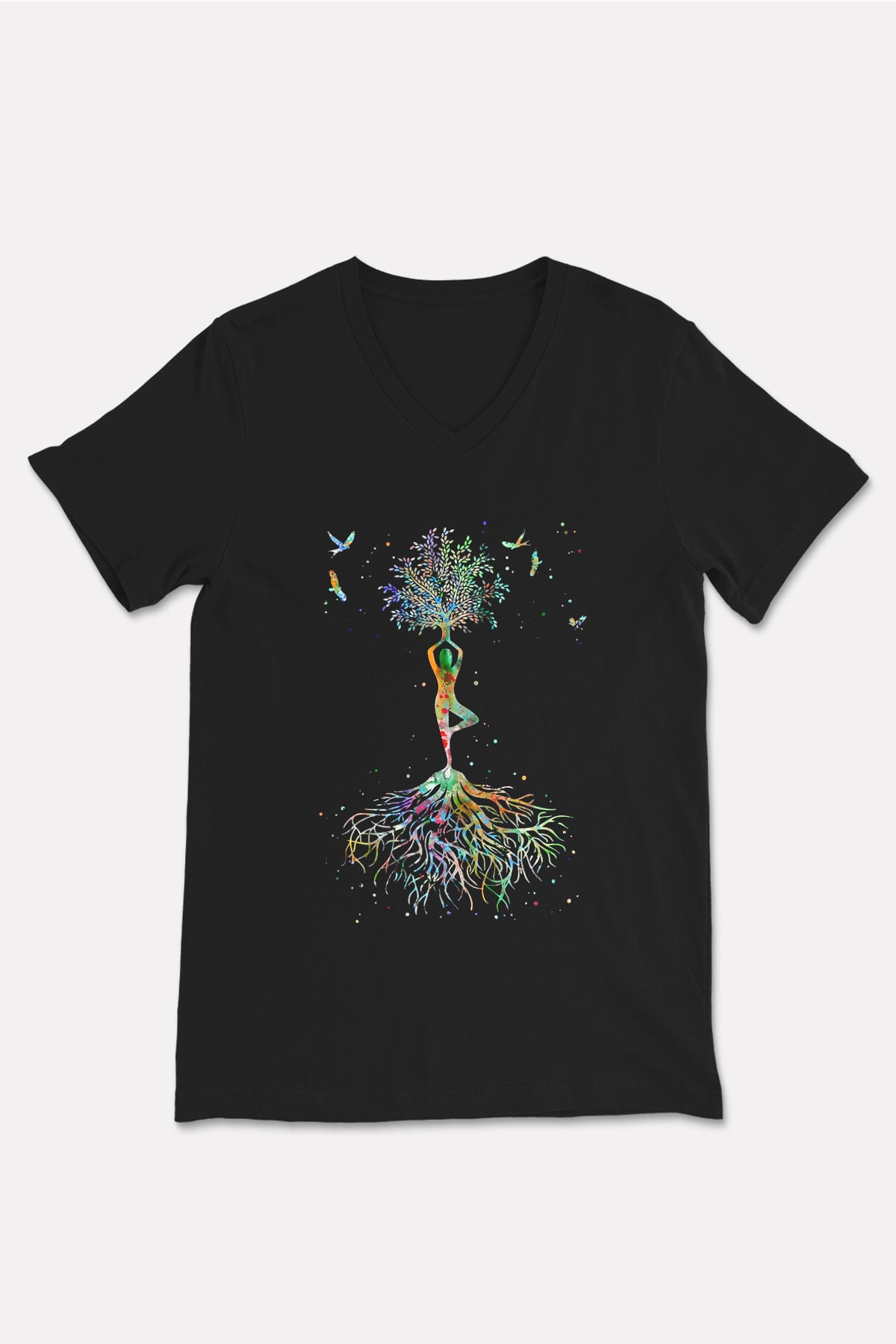 Yoga Baskılı Unisex Siyah V Yaka Tişört