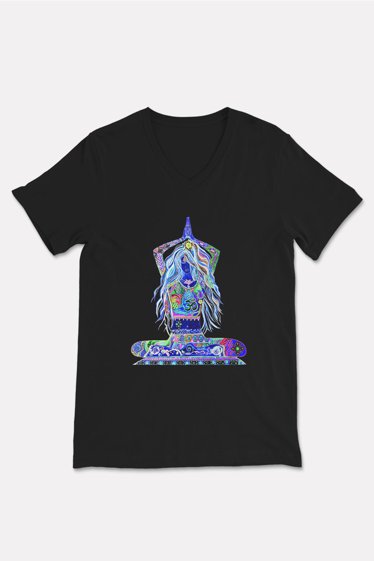 Yoga Baskılı Unisex Siyah V Yaka Tişört