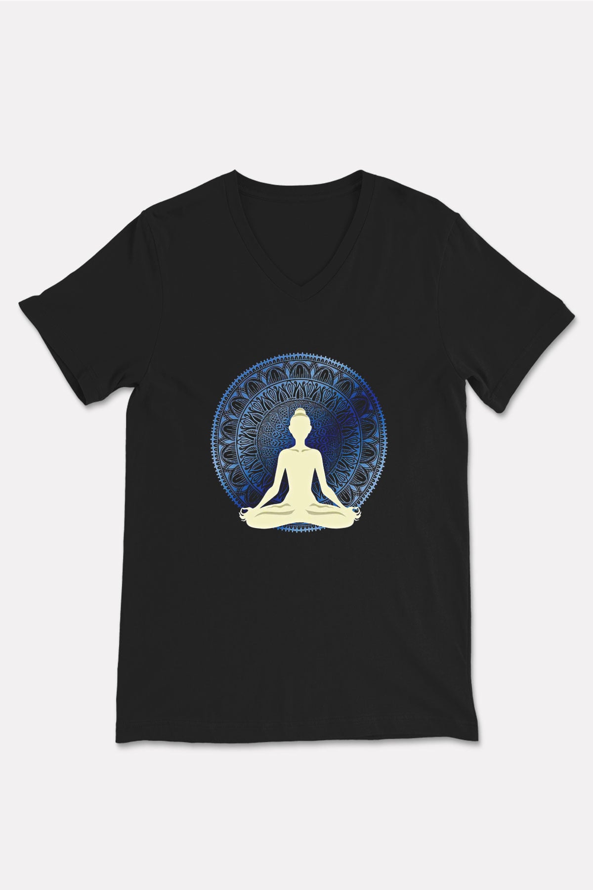 Yoga Baskılı Unisex Siyah V Yaka Tişört