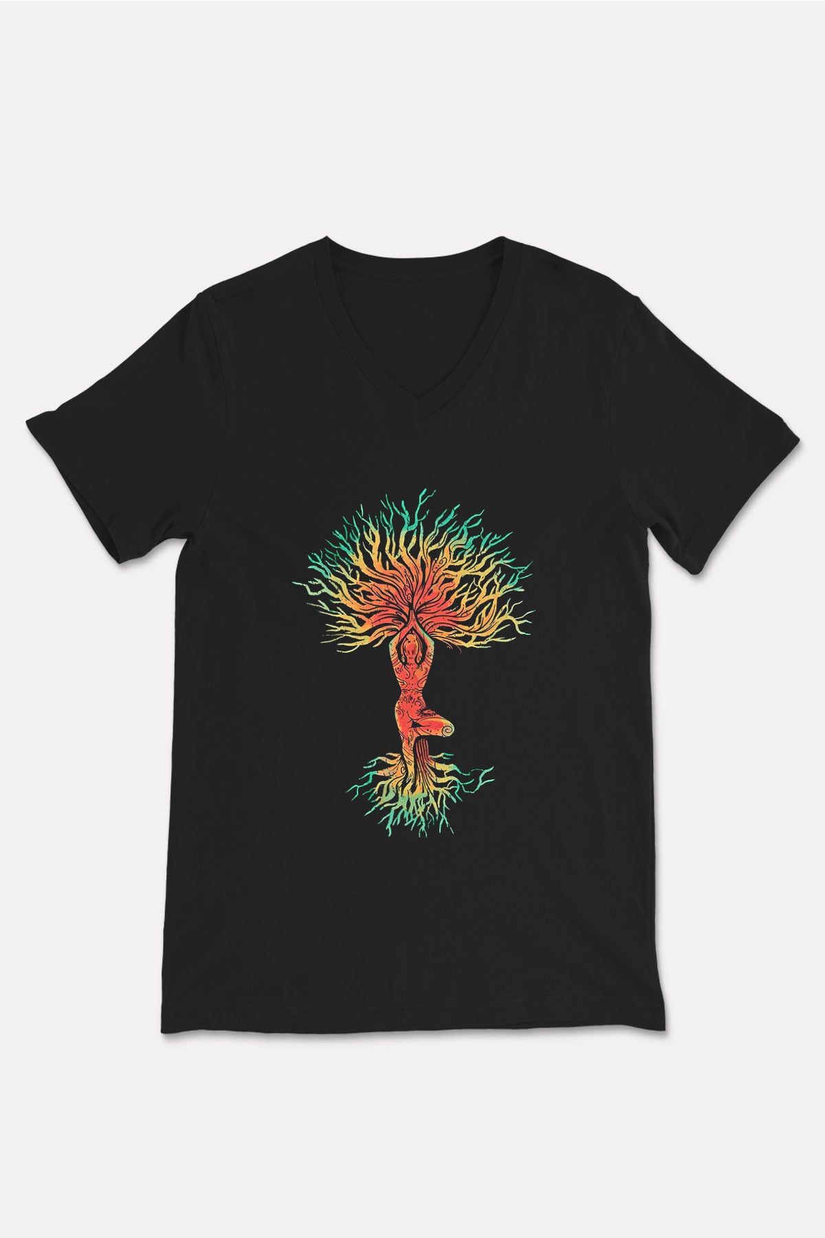 Yoga Baskılı Unisex Siyah V Yaka Tişört