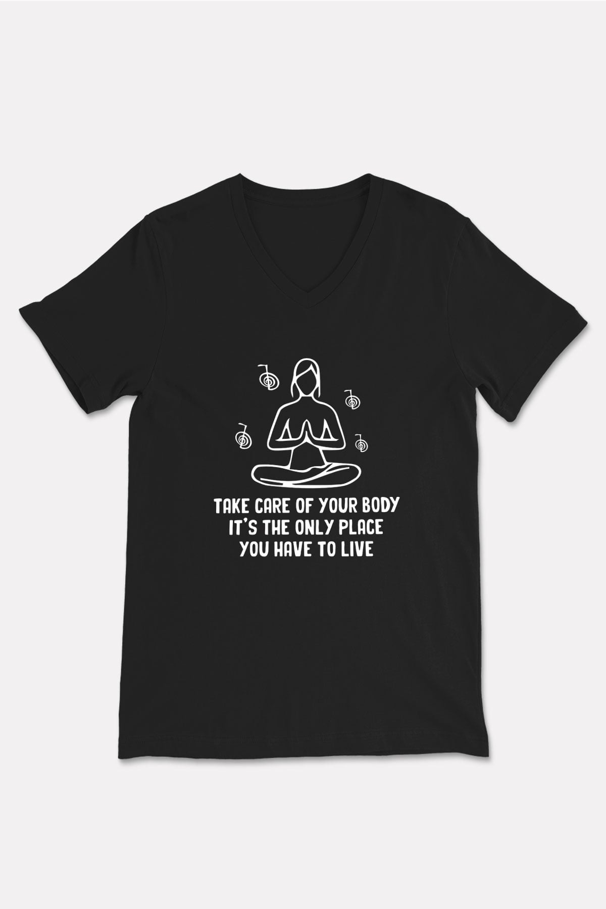 Yoga Baskılı Unisex Siyah V Yaka Tişört