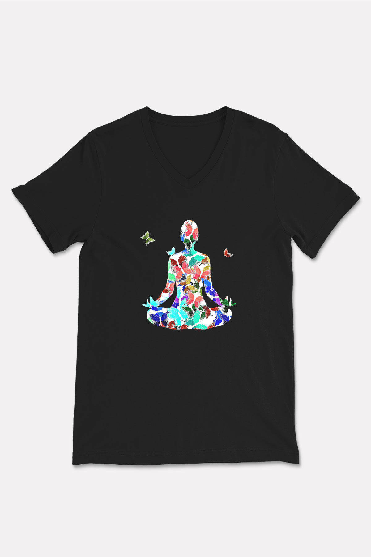 Yoga Baskılı Unisex Siyah V Yaka Tişört