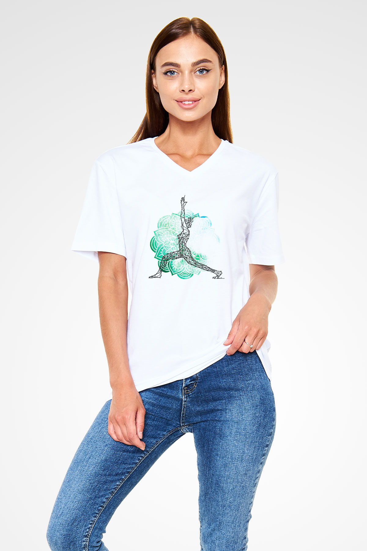 Yoga Baskılı Unisex V Yaka Tişört - Tshirt
