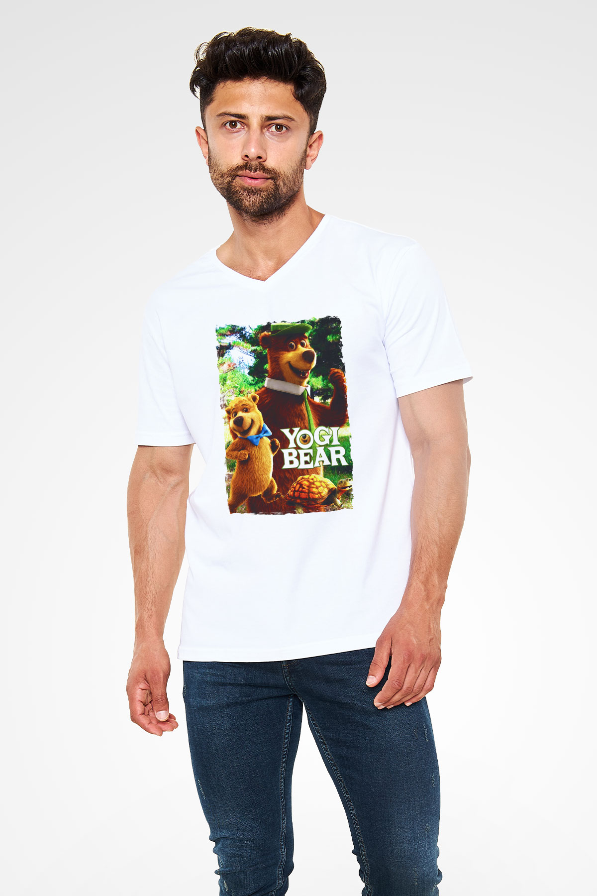 Yogi Bear Ayı Yogi Beyaz Unisex  V Yaka Tişört