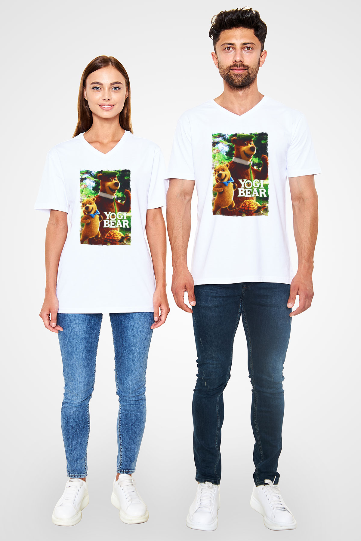 Yogi Bear Ayı Yogi Beyaz Unisex  V Yaka Tişört