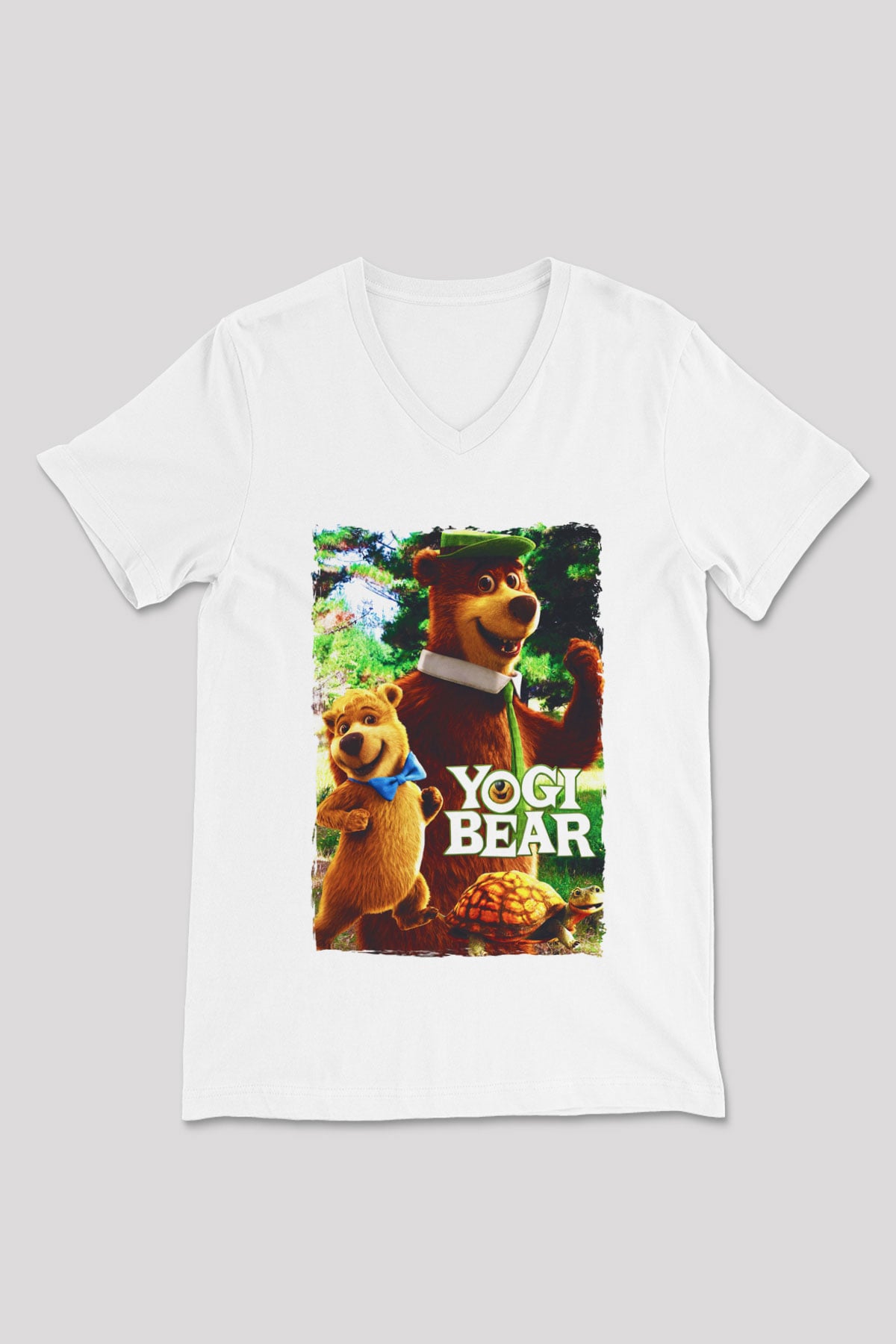 Yogi Bear Ayı Yogi Beyaz Unisex  V Yaka Tişört