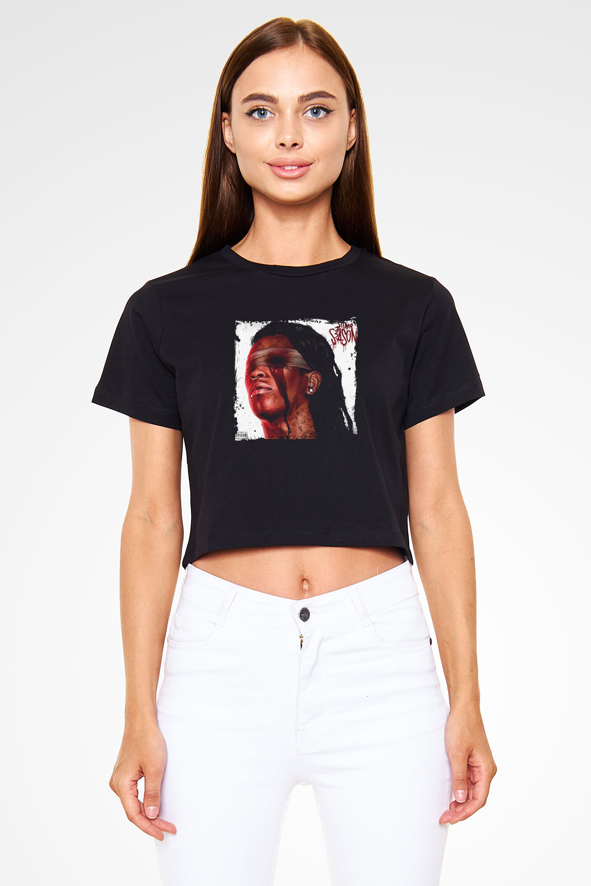 Young Thug Baskılı Crop Top Siyah Kadın Tişört