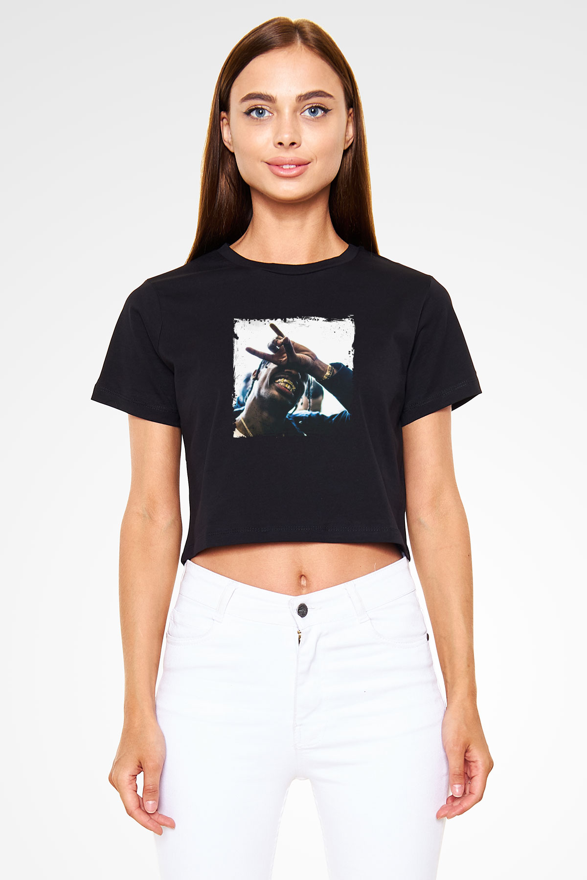 Young Thug Baskılı Crop Top Siyah Kadın Tişört