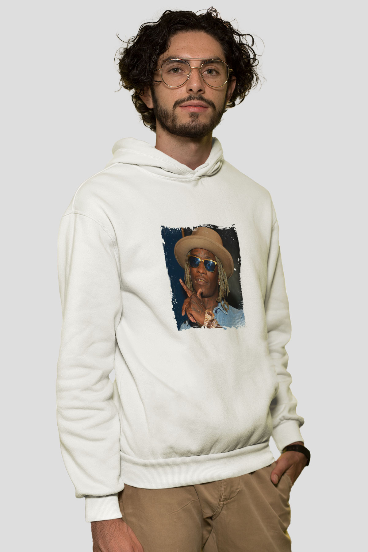Young Thug Baskılı Unisex Beyaz Kapüşonlu Sweatshirt